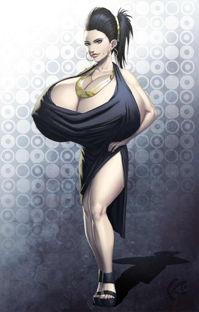 breasts cleavage earrings female gigantic_breasts gown mangrowing necklace pale_skin