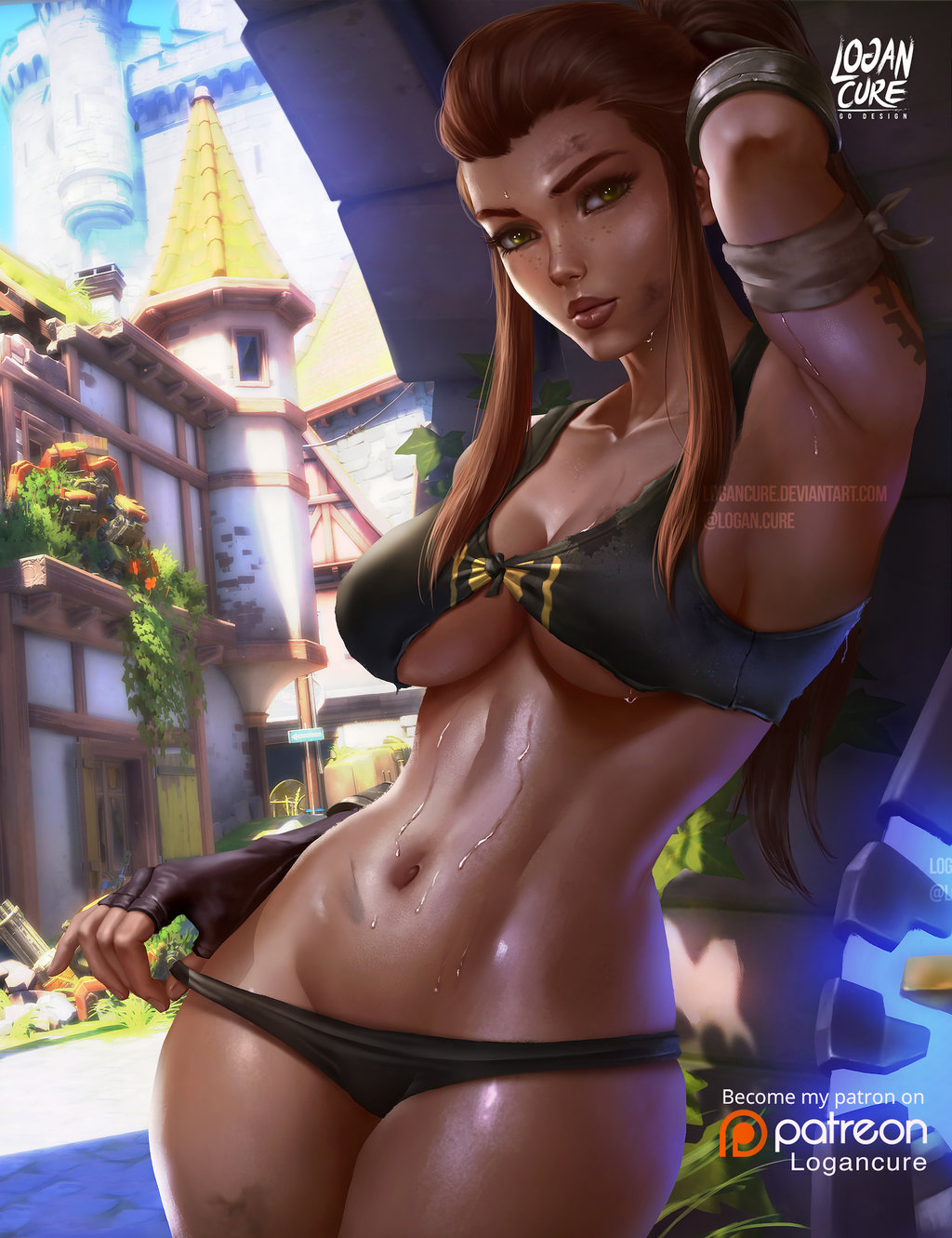 2d, breasts, brigitte, brigitte lindholm, cleavage, female, female only, hourglass figure, logan cure, looking at viewer, medium breasts, overwatch, panties, solo, sweat, tattoo