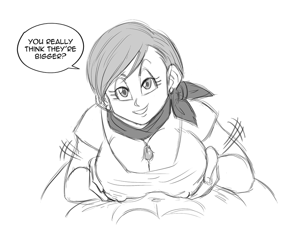1boy, 1girls, alternate breast size, big breasts, breasts, bulma, bulma briefs, dragon ball, dragon ball super, earrings, female, funsexydragonball, large breasts, looking at viewer, male, monochrome, paizuri, paizuri under clothes, pov, scarf, son goku, straight