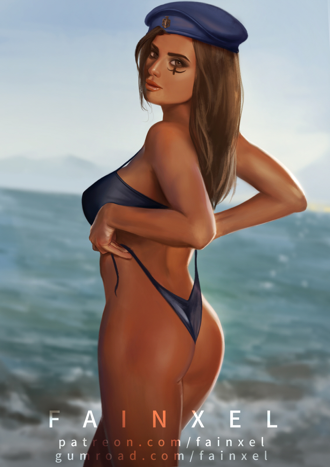 1girls, 2d, ana amari, beret, bikini, blizzard entertainment, breasts, brown hair, captain amari, cleavage, dark skin, dark-skinned female, fainxel, female, female only, gumroad username, long hair, looking at viewer, looking back, overwatch, patreon username, solo, young ana amari