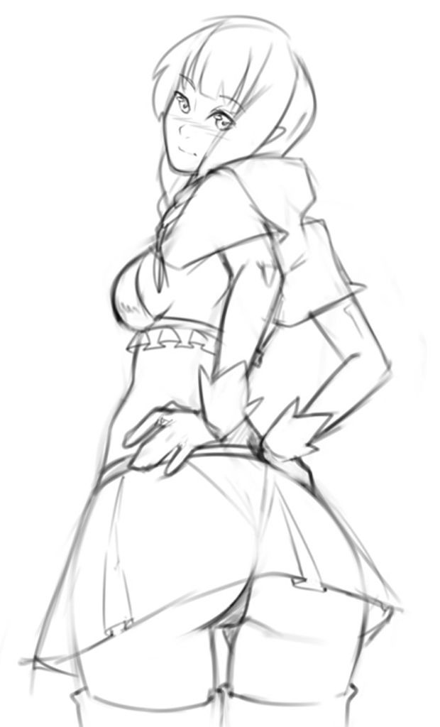 1girls, back view, braided hair, female, hyrule warriors, linkle, monochrome, panties, pantyshot, raccoon-in-disguise, skirt, solo, the legend of zelda, twin braids, upskirt