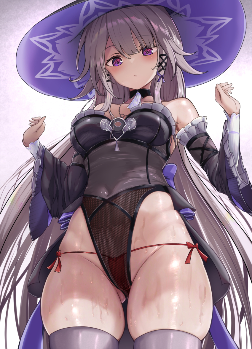 1girls, arms up, ass, ass visible through thighs, beautiful, beauty, belly, belly button, black leotard, blush, breasts, brown hair, cameltoe, cleavage, closed mouth, collarbone, covered navel, detached sleeves, female, female only, gluteal fold, hair ornament, herta (honkai: star rail), highres, hips wider than shoulders, honkai (series), honkai: star rail, key, keyhole, leotard, long hair, looking at viewer, medium breasts, navel, panties, panties under leotard, peerless gem, purple nails, red panties, sleeves, solo, takenoko pengin, the herta (honkai: star rail), thick thighs, thighhighs, thighs, viewed from below, wide sleeves, witch, witch costume, witch hat