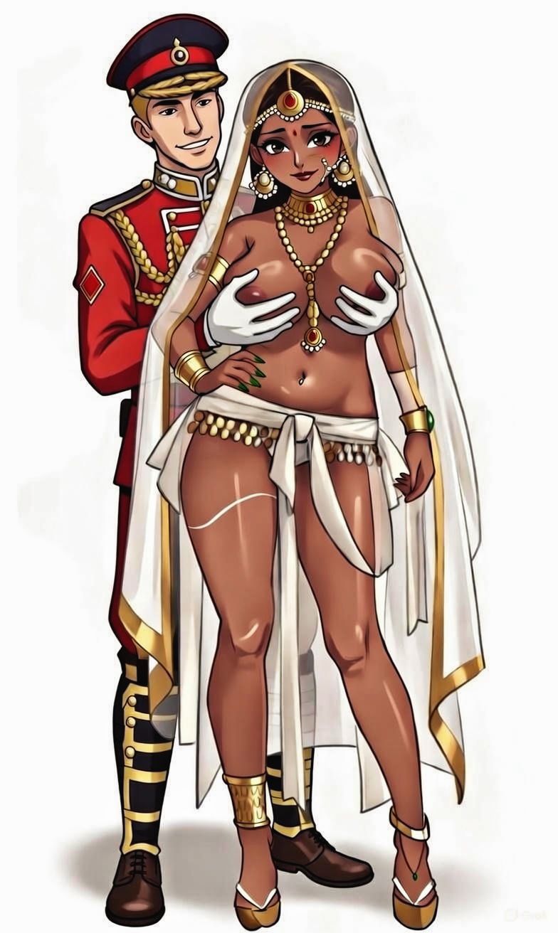 ai generated, big breasts, bindi, british, british empire, british male, colonialism, curvaceous, dark-skinned female, exotic, fine art, fine art parody, groping, groping breasts, groping from behind, harem outfit, history, huge breasts, indian, indian clothes, indian female, interracial, jewelry, light-skinned male, military uniform, mythology, nature spirit, navel piercing, nipples, raceplay, red coat, topless, veil, voluptuous, voluptuous female, yakshi figure sculpture