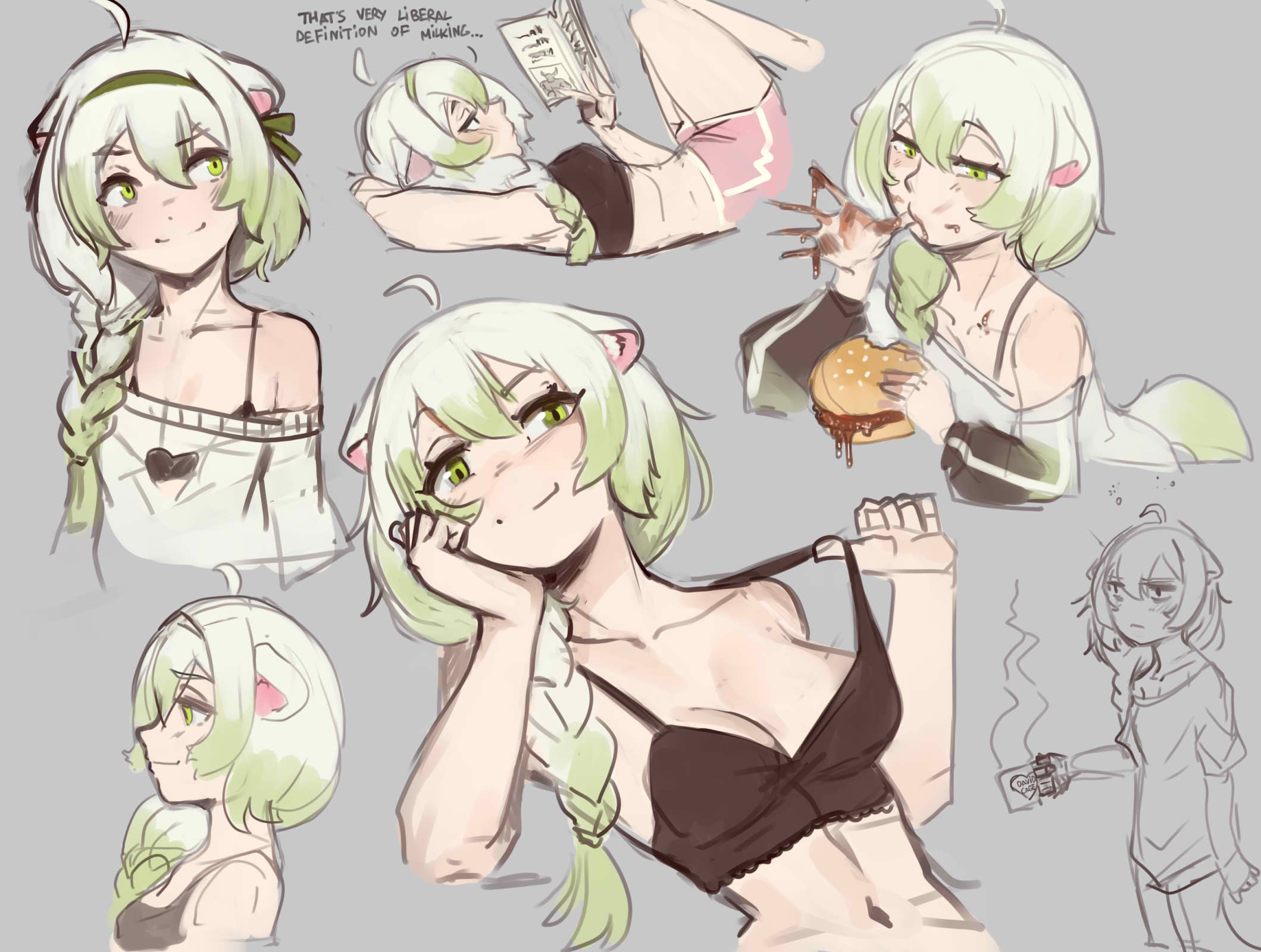 1girls, ahoge, animal ears, arbuzbudesh, bare shoulders, black bra, blush, book, bra, braid, braided ponytail, breasts, burger, clothing, female, ferret ears, ferret girl, ferret tail, food, green hair, green tail, hairband, highres, indie virtual youtuber, laimu, laimu (2nd costume), laimu (comfy sweater), long hair, multicolored tail, oversized clothes, pink shorts, reading, sauce, shorts, sloppy, smile, sweater, tail, teasing, tits, underwear, virtual youtuber, vtuber, white hair, white tail