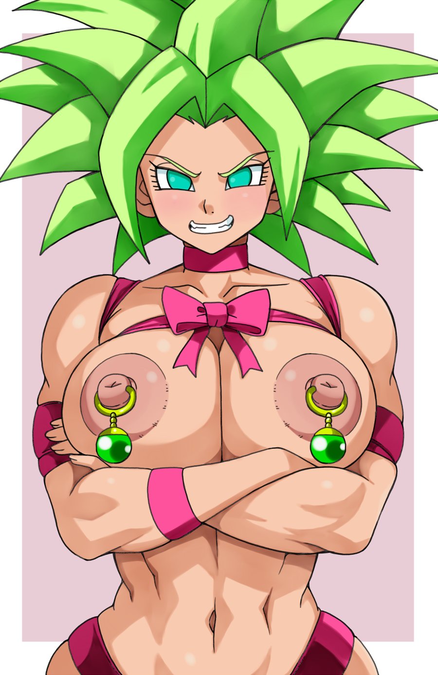 2d, abs, areolae, biceps, big breasts, blonde hair, blue eyes, breasts, busty, christmas, christmas outfit, dragon ball, dragon ball super, female, female focus, female only, green hair, hourglass figure, kefla, large breasts, legendary super saiyan, muscles, muscular, muscular female, navel, nipple piercing, nipples, piercing, potara nipple rings, standing, super saiyan, super saiyan 2, tagme, toned, toned female, ttrop, two-tone hair, wide hips