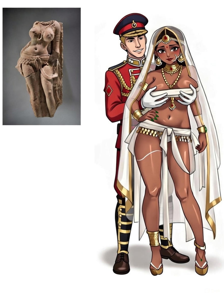 ai generated, big breasts, bindi, british, british empire, british male, colonialism, curvaceous, dark-skinned female, exotic, fine art, fine art parody, groping, groping breasts, groping from behind, harem outfit, history, huge breasts, indian, indian clothes, indian female, interracial, jewelry, light-skinned male, military uniform, mythology, nature spirit, raceplay, red coat, veil, voluptuous, voluptuous female, yakshi figure sculpture