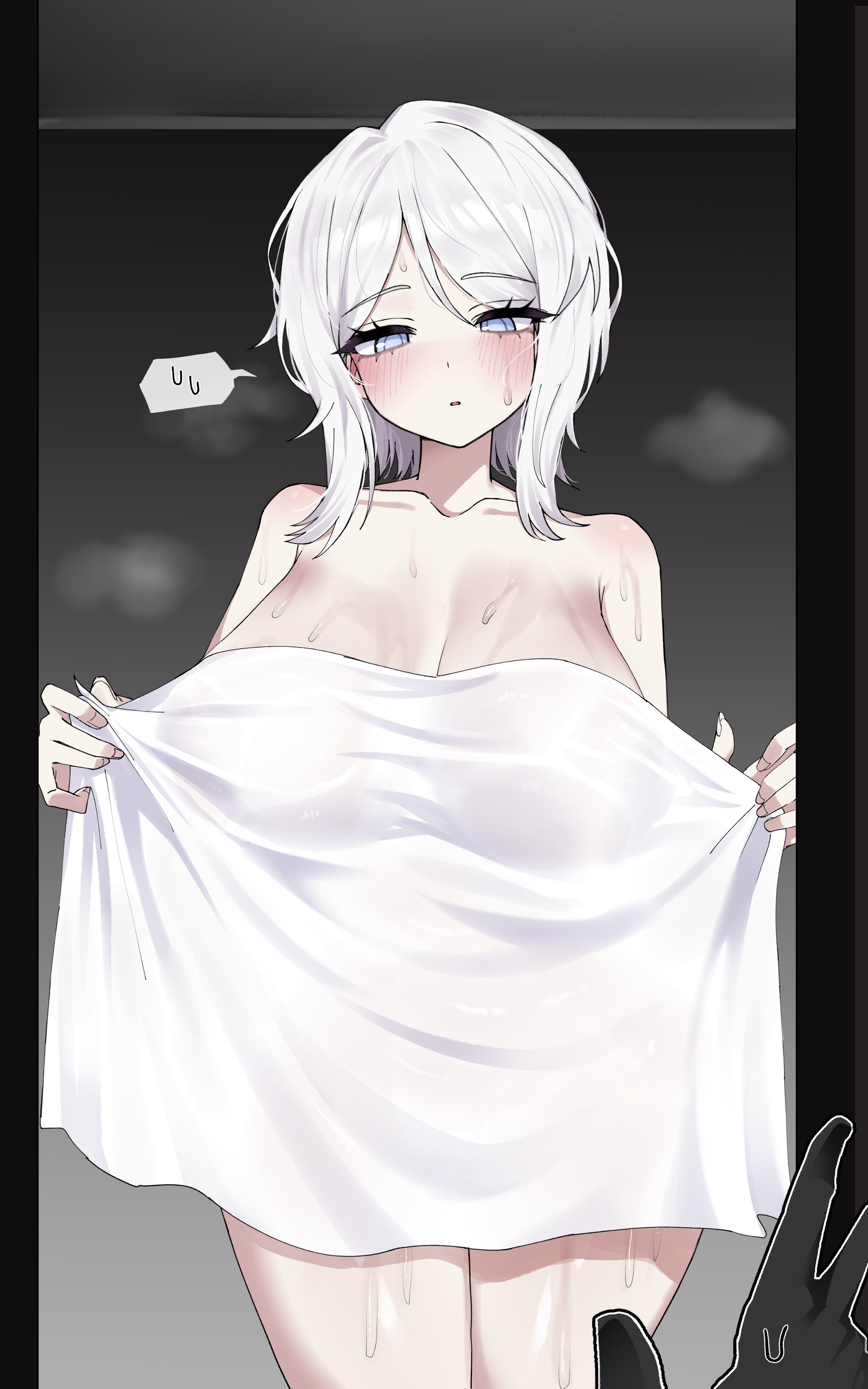 1girls, ambiguous gender, big breasts, binahrin, blue eyes, blush, breasts, cleavage, dante (limbus company), faust (limbus company), female, female focus, limbus company, looking at viewer, male pov, medium hair, pale skin, pale-skinned female, pov, project moon, steam, steaming body, thick thighs, thighs, towel, white hair