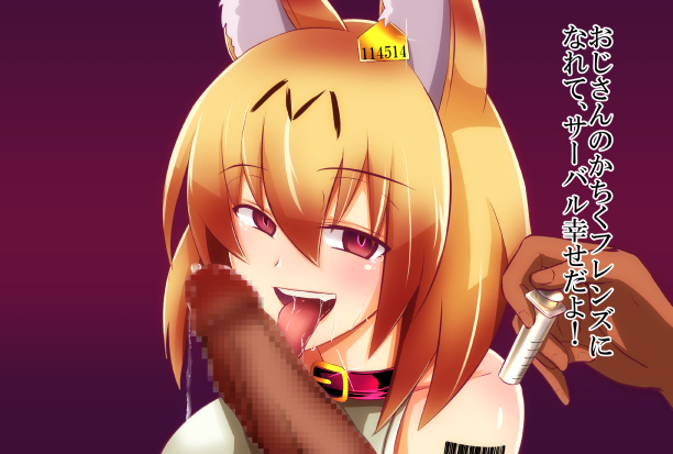 1boy, animal ears, bangs, barcode, blonde hair, collar, drugged, drugs, exposed shoulders, fellatio, female, hair between eyes, keiki illust, kemono friends, male, mind break, open mouth, oral, pov eye contact, precum, red eyes, saliva, serval (kemono friends), short hair, syringe, tongue, tongue out, translated