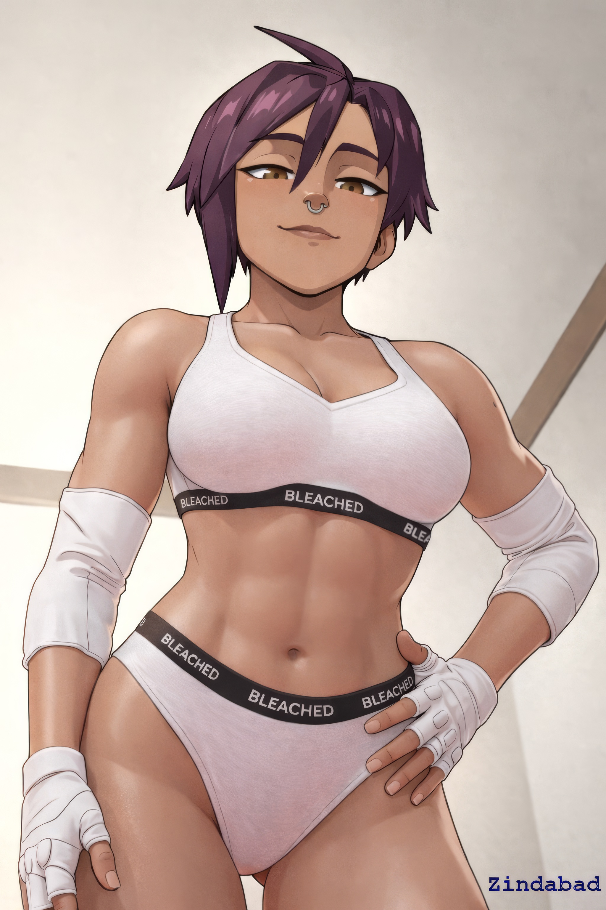 ai generated, bleached, bleached clothing, dispatch (game), gloves, gym clothes, interracial, invisigal, locker room, nose piercing, nose ring, sports bra, sportswear