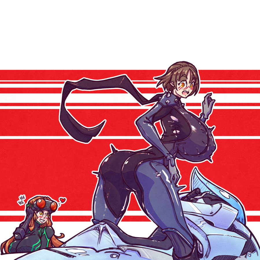 2girls ass_expansion big_ass big_breasts breast_expansion clothing color heart huge_ass huge_breasts human johanna_(persona) makoto_niijima motorcycle motorcycle_suit multiple_girls n647 pale_skin persona persona_(species) persona_5 phantom_thief_suit ripped_clothing sakura_futaba straddling surprised taller_female thick_thighs vehicle voluptuous wide_hips