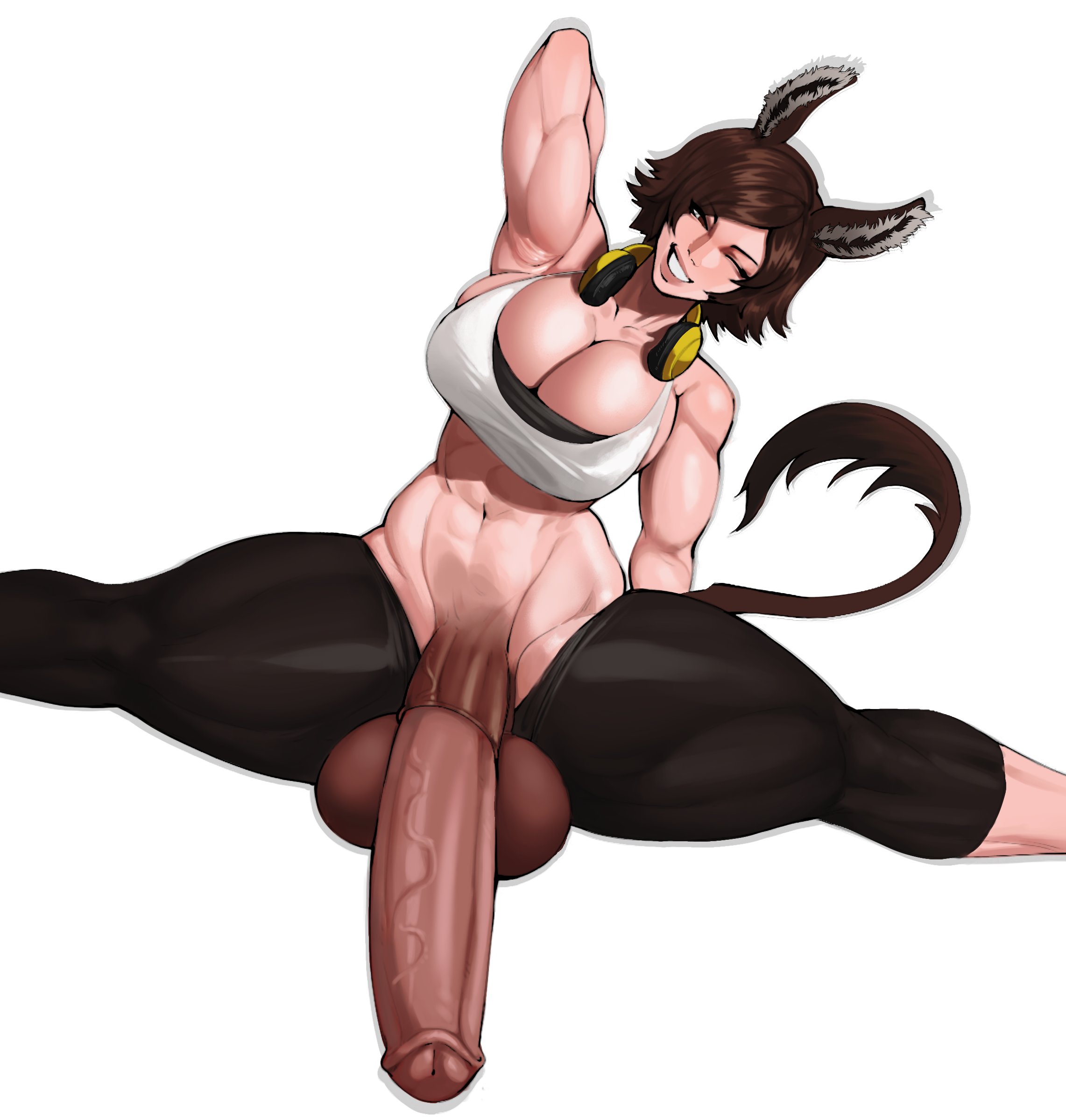 2026, 2d, 2d (artwork), arm behind head, armpit, athletic futa, big penis, brown hair, character request, copyright request, futa only, futanari, gym clothing, headphones, headphones around neck, horsecock, horsecock futa, huge balls, huge breasts, huge cock, kjon1, muscular futa, penis out of pants, solo, solo futa, tagme, tagme (artist), tagme (character), thick thighs, veiny penis, white background