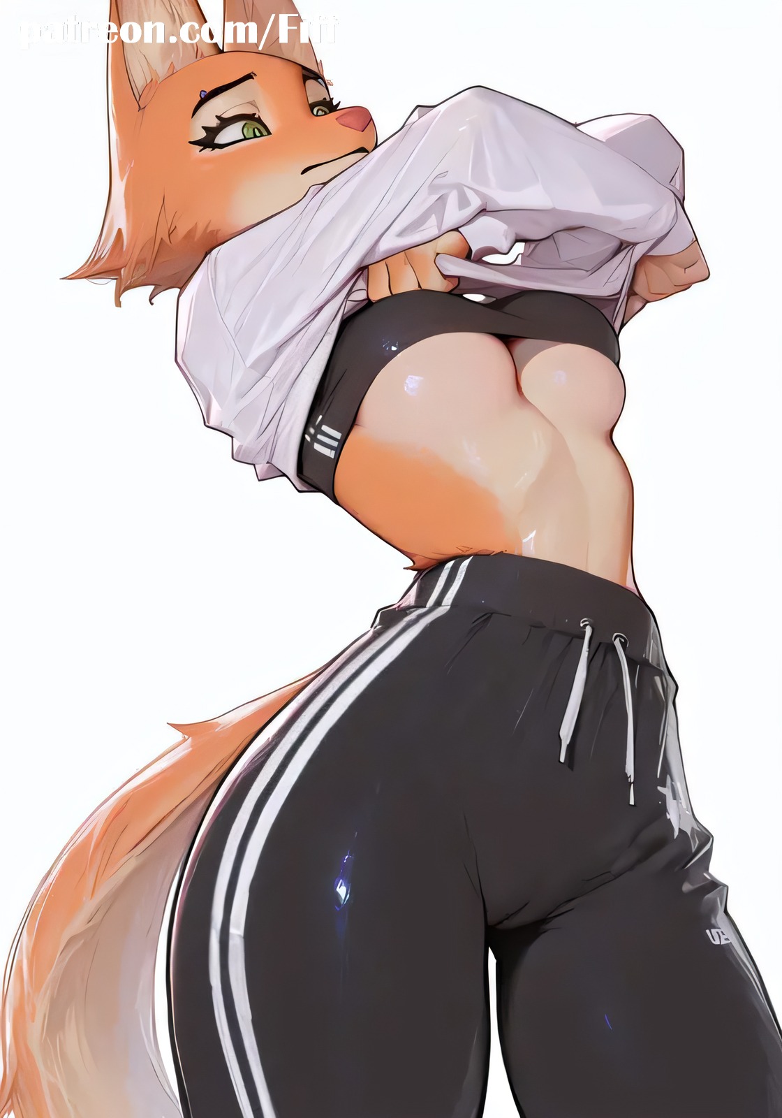 1girls, adidas, ai generated, ass, cameltoe, diane foxington, drawstring, dripping, female, female only, fiff, from bottom to top, furry, furry female, furry only, highres, medium breasts, pov, pussy, shirt, showing off, smiling, solo, sports bra, spresenting pussy, sweat, sweatpants, tail, taking off shirt, the bad guys, white shirt