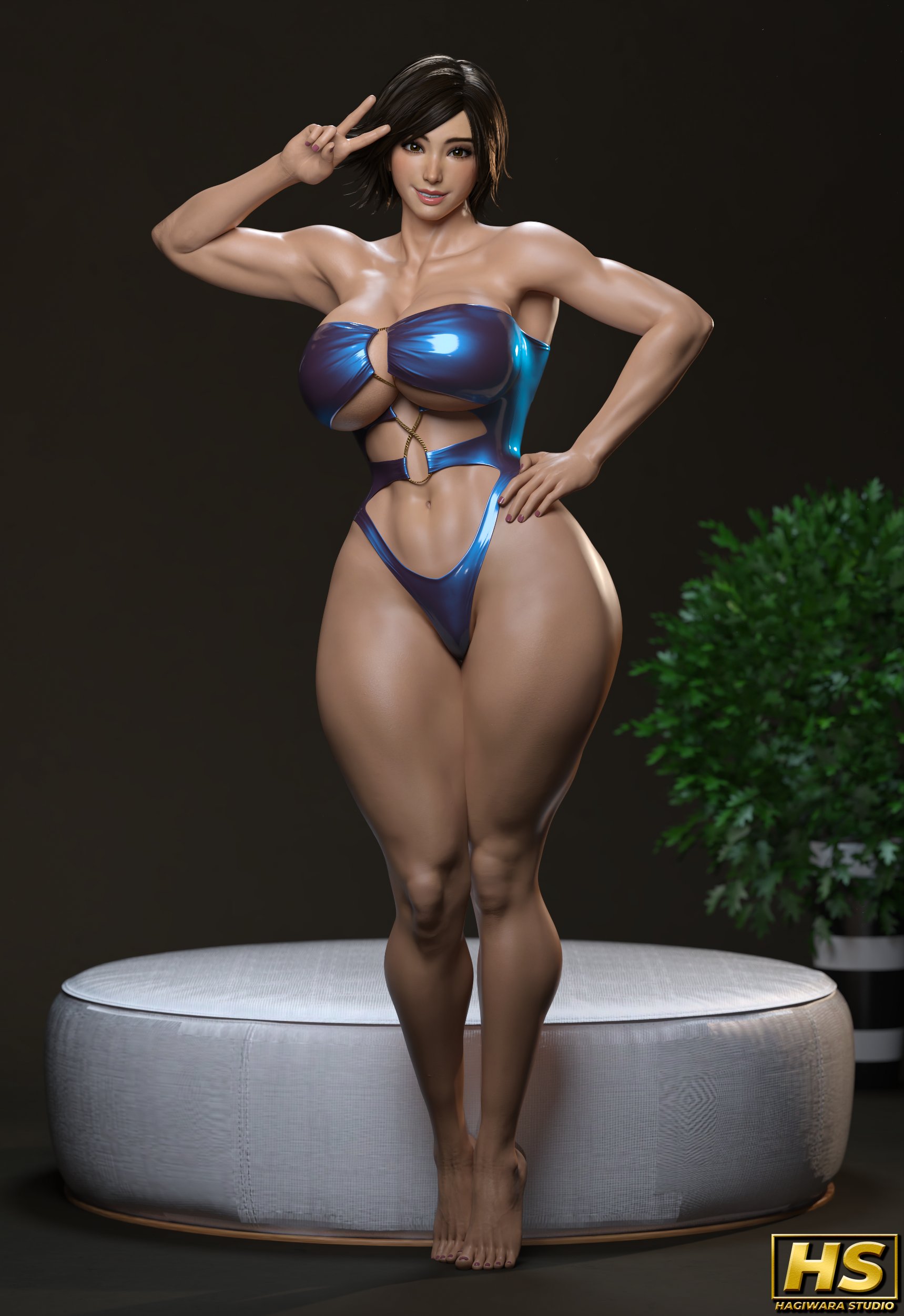 1girls, 2025, 3d, 3d (artwork), abs, armpits, artist logo, artist signature, asian, asian female, ass, athletic, athletic female, bare arms, bare legs, bare shoulders, bare thighs, barefoot, belly, belly button, big ass, big breasts, big butt, breasts, brown eyes, brown hair, busty, cleavage, clothed female, clothing, color, colored, curvaceous, curves, curvy, curvy body, curvy female, curvy figure, curvy hips, fanart, female, femme fatale, full color, hagiwara studio, hips, huge ass, huge breasts, huge butt, japanese, japanese female, kazama asuka, large ass, large breasts, large butt, light skin, light-skinned female, looking at viewer, nail polish, nails, namco, naughty, one-piece swimsuit, peace sign, pink nail, pink nails, pose, posing, seductive, short hair, smile, smiling, smiling at viewer, stomach, swimsuit, tekken, tekken 8, thick thighs, thighs, titties, tomboy, video game, video game character, video game franchise, video games