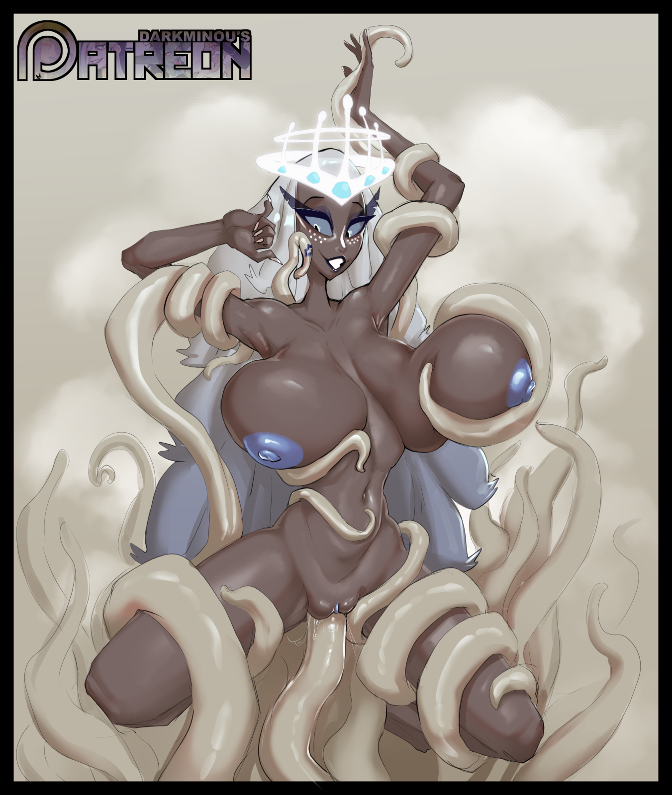 1girls, 2025, angel, artist name, breasts, darkminou, female, female focus, grey eyes, grey skin, halo, hazbin hotel, highres, huge breasts, large breasts, lipstick, lipstick mark, navel, nipples, nude, nude female, pussy, pussy juice, sera (hazbin hotel), seraph (angel), tentacle, tentacle around arm, tentacle around breast, tentacle around leg, tentacle in pussy, tentacle sex, tentacle wrapped around arm, tentacle wrapped around leg, vaginal penetration, watermark, white hair