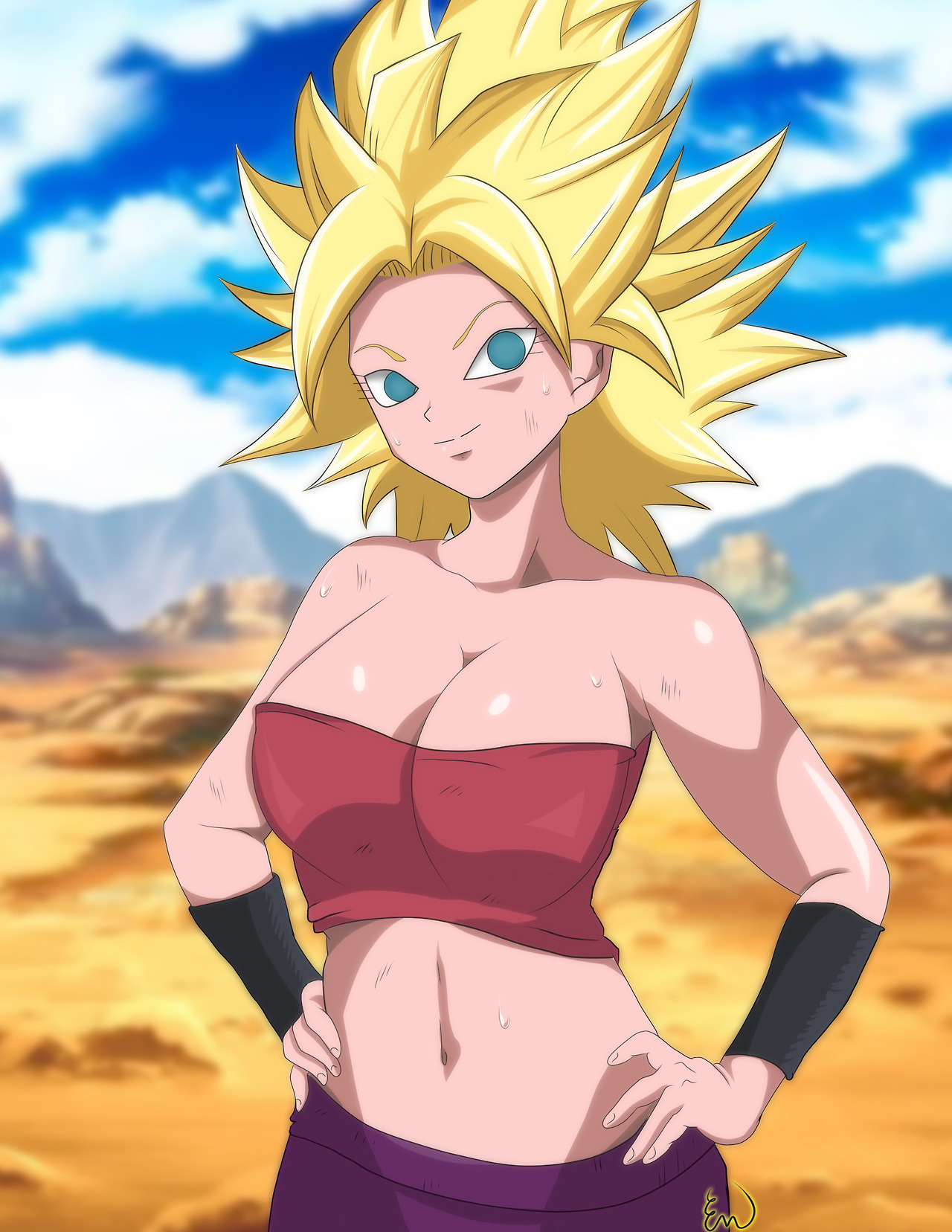 1girls, armband, artist request, blonde hair, blue eyes, breasts, caulifla, dragon ball, dragon ball super, female, green eyes, large breasts, light skin, light-skinned female, long hair, pointy chin, saiyan, smile, solo, spiked hair, spiky hair, strapless, super saiyan, sweat, tubetop