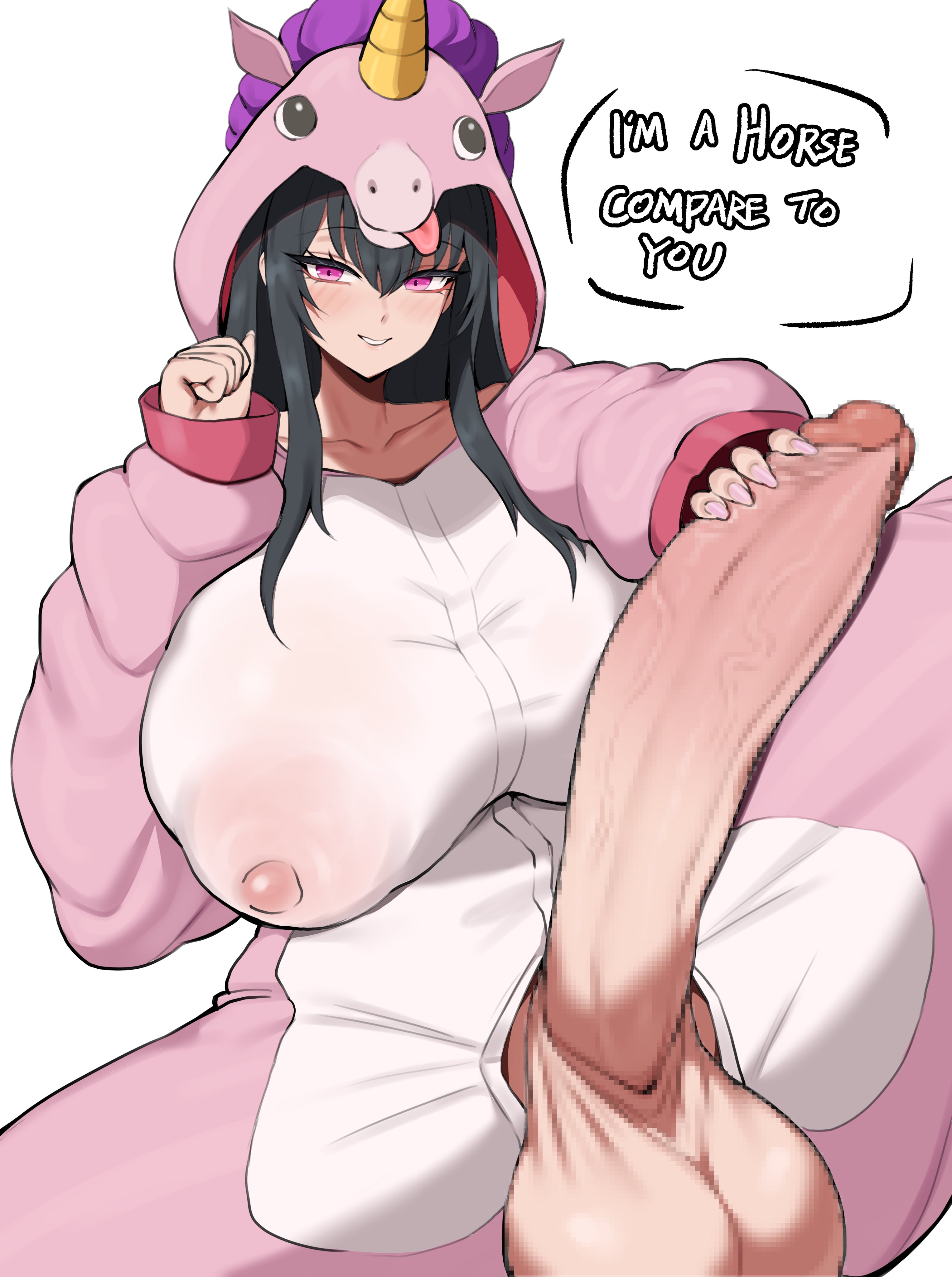 big balls, big breasts, breasts, censored, character request, clothed exposure, dirty talk, english dialogue, futa only, futanari, huge breasts, huge cock, insulting viewer, pajamas, presenting, solo, tiger drop