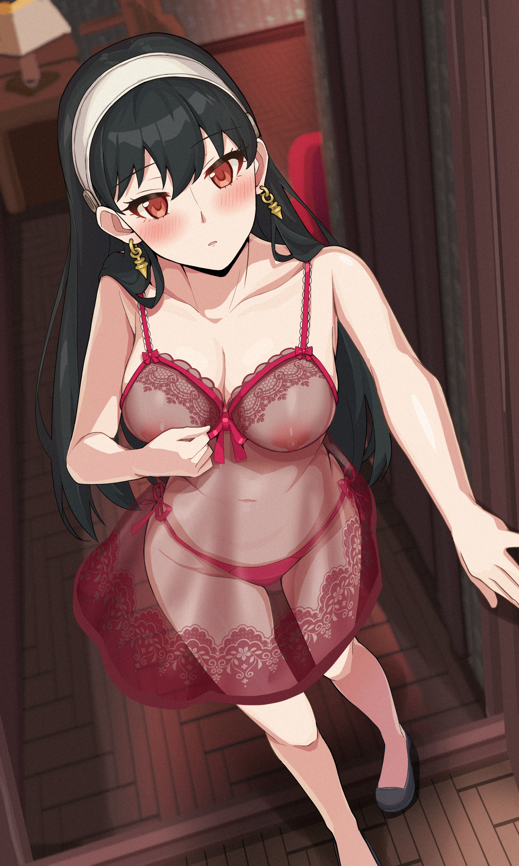 absurdres, armpits, arms up, ass, ass grab, bare shoulders, black hair, black thong, blonde hair, blue eyes, blurry, blurry background, blush, bondage, breasts, clothed, commentary request, earrings, female, female focus, femdom, grabbing own ass, hairband, handcuffs, highres, indoors, jewelry, lace trim, large breasts, light skin, light-skinned female, lingerie, long hair, looking at viewer, looking back, navel, negligee, nightgown, nipples, nude, paid reward available, panties, parted lips, red eyes, red panties, see-through, see-through clothes, see-through clothing, shara (syara so ju), side-tie panties, solo, spy x family, stomach, thong, tied hands, underwear, whip, white hairband, yor briar