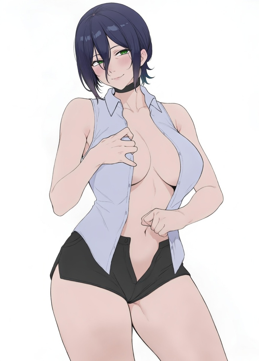abs, ai art, ai generated, bangs, black choker, black shorts, blush, bomb girl, breast focus, cameltoe, chainsaw man, choker, cleavage, collared shirt, curvy, dark background, exposed breasts, female, female only, glowing eyes, green eyes, hourglass figure, huge breasts, indoors, large breasts, light blue shirt, looking at viewer, low-rise shorts, midjourney, navel, nipples, nipples visible through clothing, novelai, open clothes, open shirt, purple hair, pussy outline, reze, reze (chainsaw man), shirt, short hair, sleeveless, smirk, solo, stable diffusion, teasing smile, thick thighs, tight shorts, unbuttoned, underboob, voluptuous, wide hips