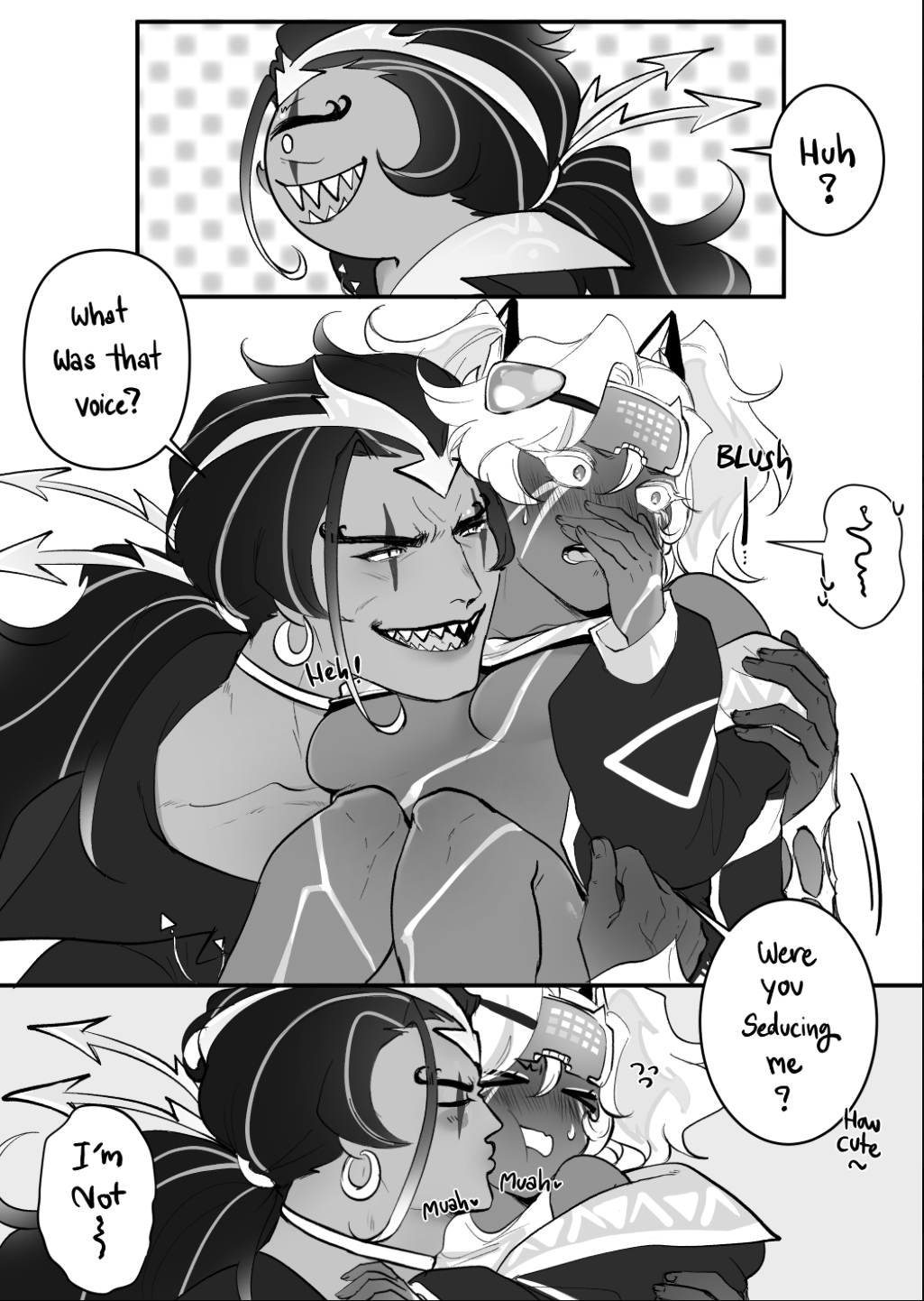 1boy, 1girls, akikung7400, architect of abundance, black and white, burning spice cookie, burningcheese, comic, comic page, cookie run, cookie run kingdom, destroyer of virtual worlds, embarrassed female, female, flustered, golden cheese cookie, holding, jacket partially removed, kissing, sharp teeth, size difference, text, underboob, video game