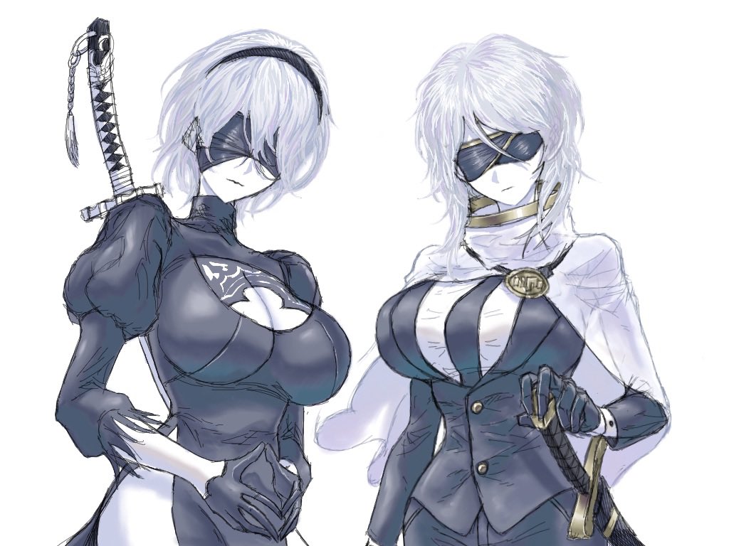 2girls, big breasts, blindfold, bodysuit, breasts, cape, curvaceous, curvaceous female, curvaceous figure, facing viewer, holding weapon, huge breasts, index (identity) (project moon), nier, nier (series), nier: automata, project moon, short hair, suit, suit and tie, the index (project moon), weapon on back, weapons, white hair, woman in suit, yorha 2b