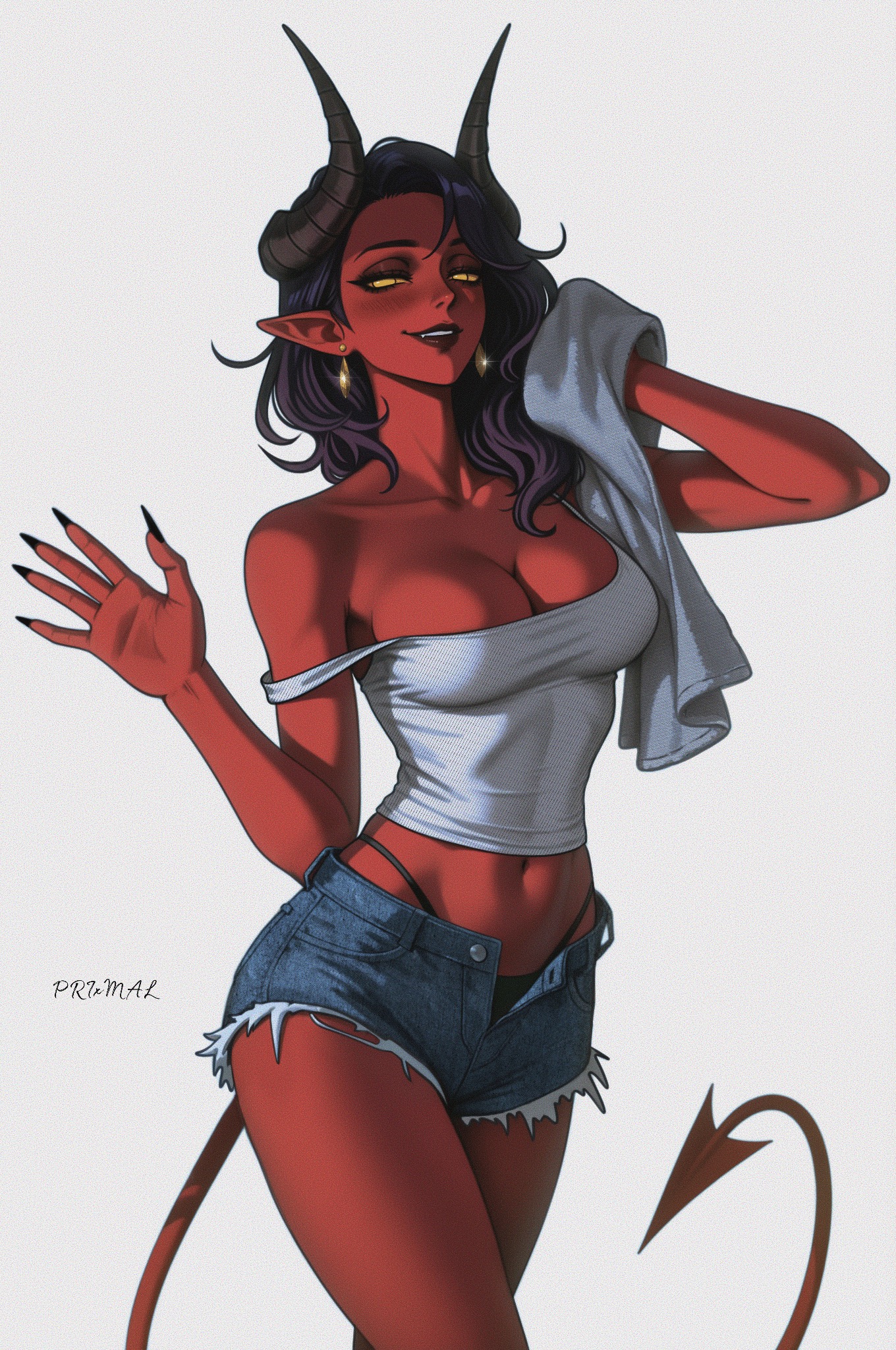 black hair, collarbone, denim shorts, devil tail, dispatch (game), earrings, female, girl, horns, long ears, long hair, malevola gibb, nails, prixmal, red skin, seductive eyes, strap off shoulder, tank top, thong, towel, yellow eyes