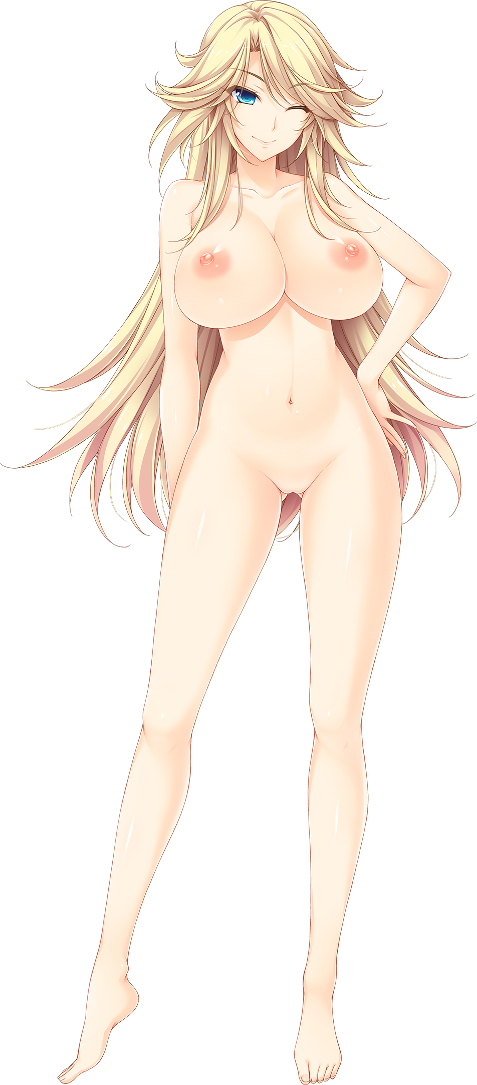 1girls amakimihara_monika ass_visible_through_thighs barefoot blonde_hair blue_eyes breasts choco_chip ero_zemi female female_only full_body hair hand_on_hip highres large_breasts looking_at_viewer navel nipples nude official_art one_eye_closed png pussy smile solo standing transparent_background uncensored