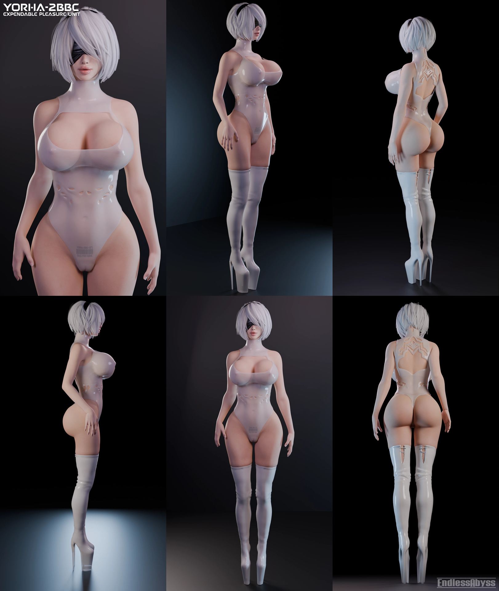3d, barcode tattoo, bimbo, blindfold, bolt on tits, breast implants, breasts, endlessabyss, enhanced breasts, fake breasts, female, female focus, female only, high heel boots, high heels, huge ass, huge breasts, huge lips, latex, multiple views, platform heels, silicone, silicone implants, solo female, tattoo, tattoo on pussy, yorha 2b
