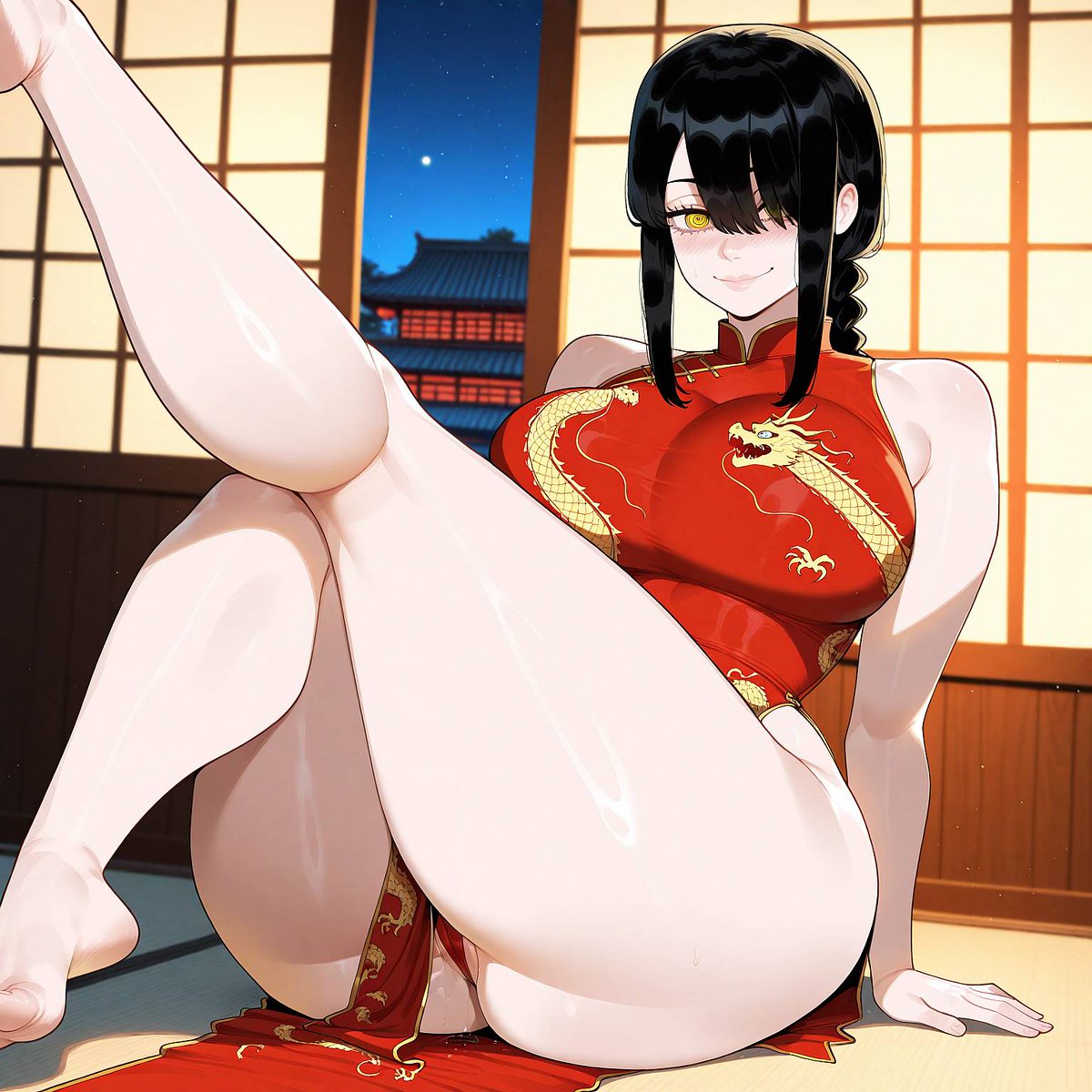 1girls, aged up, ai generated, asian, asian female, ass, big ass, big breasts, big butt, black hair, black hair female, breasts, chainsaw man, china, chinese, chinese clothes, chinese female, clothed, clothed female, dragon lady, female, female focus, huge ass, huge butt, large breasts, nayuta (chainsaw man), thick thighs, thighs, vaporeeonite ai, yellow eyes