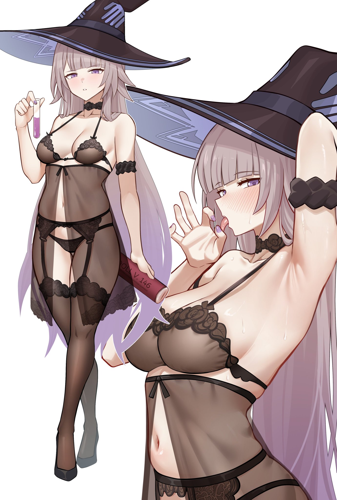 1girls, arm up, armpits, babydoll, black babydoll, black bra, black clothes, black clothing, black footwear, black garter belt, black garter straps, black hat, black heels, black legwear, black panties, black stockings, black thighhighs, blunt bangs, blush, bonz (bonz0616), bra, breasts, brown hair, cleavage, crossed legs, dildo, fellatio, fellatio gesture, female, female focus, female only, fingernails, full body, garter belt, garter straps, gradient hair, hat, heels, herta (honkai: star rail), high heels, holding, holding object, holding potion, holding sex toy, holding test tube, honkai: star rail, horny, horny female, hourglass figure, hourglass figured female, lace, lace trim, lace-trimmed babydoll, lace-trimmed bra, lace-trimmed legwear, legwear, long hair, looking at another, looking at viewer, looking back, love potion, medium breasts, multicolored hair, multiple views, nail polish, navel, oral, panties, presenting armpit, purple eyes, purple hair, purple nails, seductive, seductive look, seductive pose, see-through babydoll, see-through clothes, sex toy, sexually suggestive, sexy, sideboob, simple background, simulated fellatio, solo, standing, staring, stockings, sweat, test tube, the herta (honkai: star rail), thighhighs, thighs, underwear, vagina, very long hair, white background, witch hat