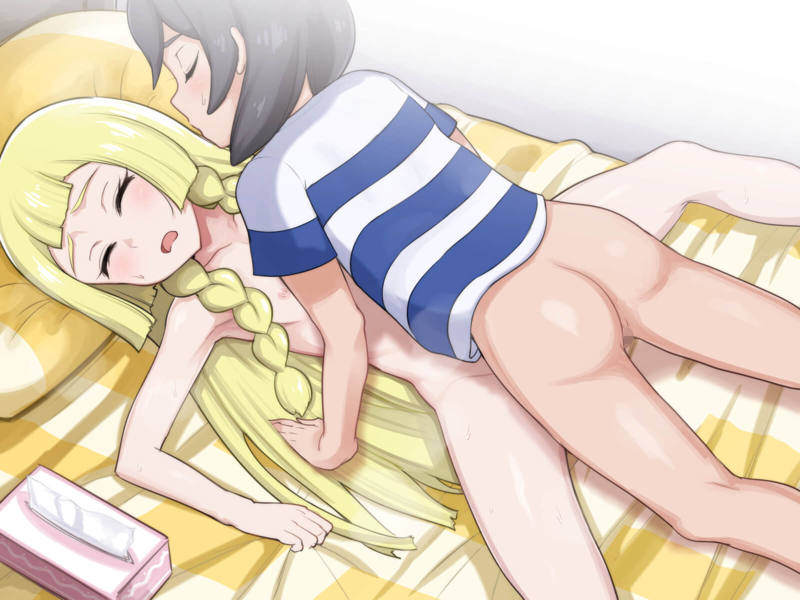 1boy 1girls bottomless elio_(pokemon) female human lillie_(pokemon) nintendo pokemon pokemon_sm sex small_breasts straight umayahara0130