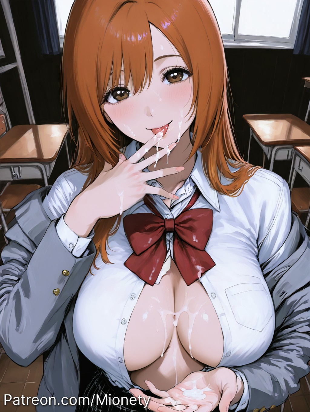 ai generated, anime style, bleach, blush, brown eyes, chairs, classroom, cum, cum on body, cum on breasts, cum on clothes, cum on face, desks, detailed background, explicit, exposed breasts, female, grey blazer, highres, indoors, inoue orihime, large breasts, licking finger, long hair, mionety, nipples, nsfw, open mouth, orange hair, red bow, school uniform, sitting, solo, tongue, unbuttoned shirt, white shirt, window