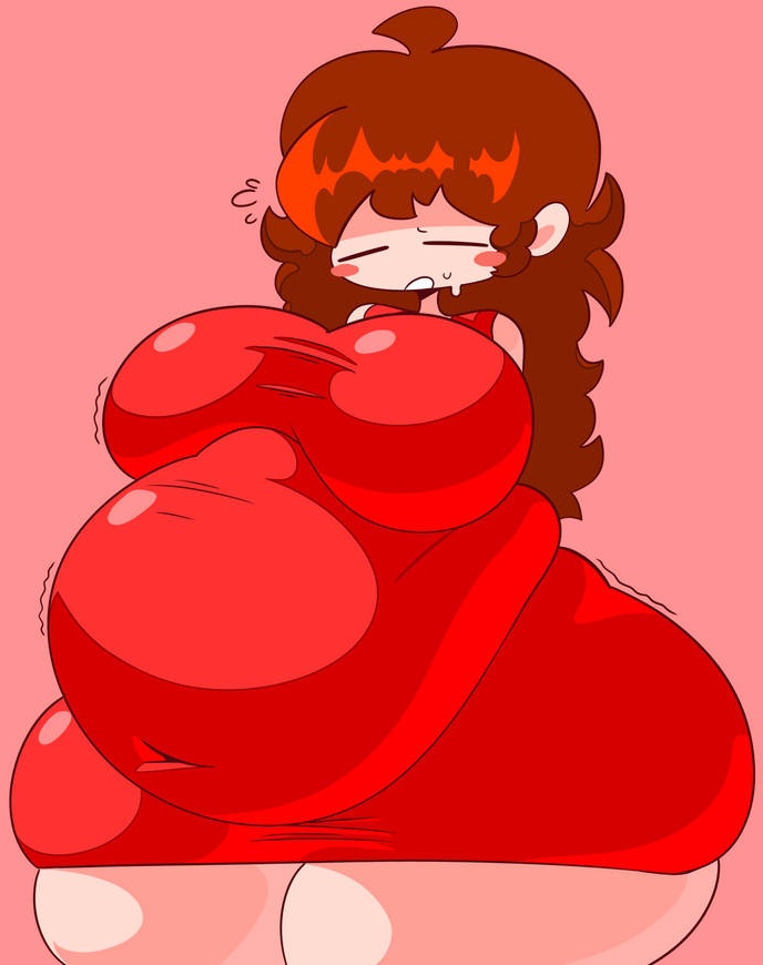 auburn hair, belly button, big thighs, blush, chubby, chubby female, closed eyes, fat, fat female, fat fetish, friday night funkin, girlfriend (friday night funkin), gritting teeth, pink background, red dress, shanny1207, sweating, thighs, tight dress, trembling