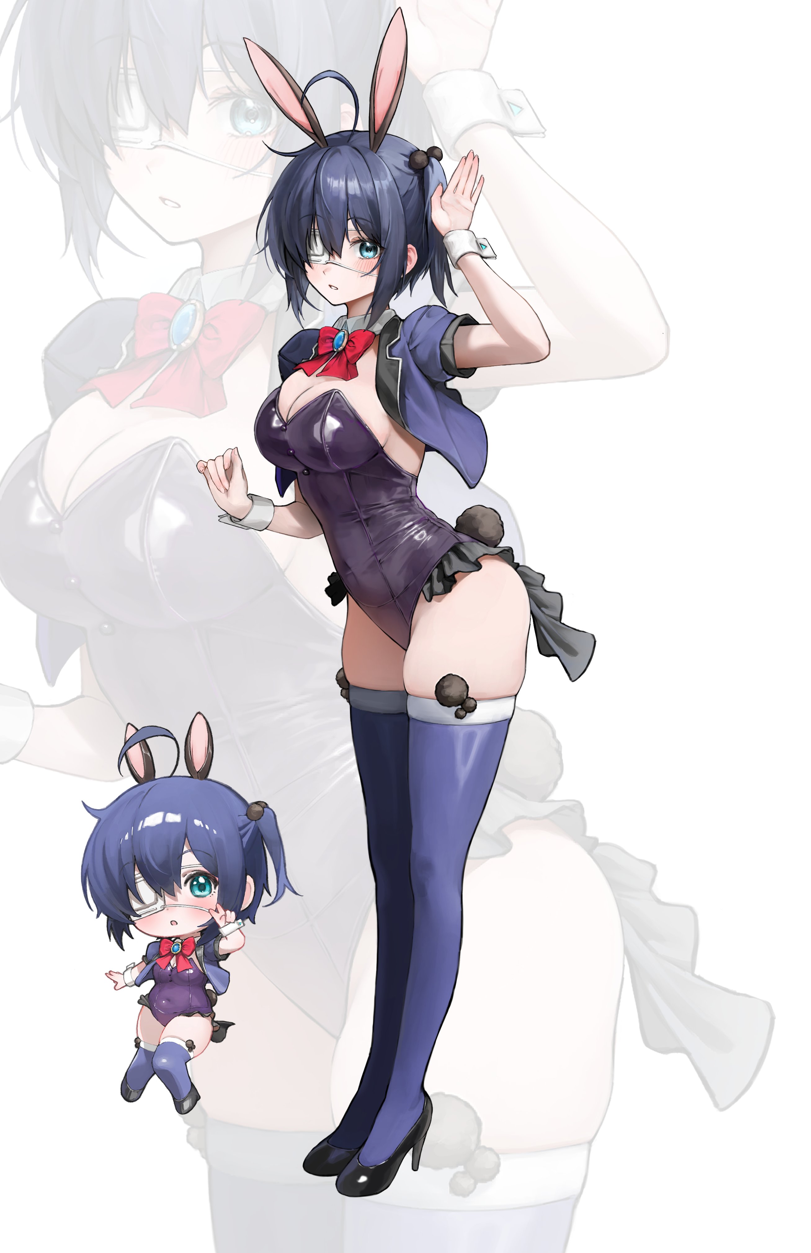 absurdres, ahoge, animal ears, black leotard, black shoes, blue eyes, blue hair, blue jacket, blue thighhighs, blush, bow, breasts, chibi, chibi inset, chuunibyou demo koi ga shitai!, covered navel, detached collar, eyepatch, female, female only, fur trim, fur-trimmed thighhighs, gunu (nyzn3223), hair between eyes, hair ornament, high heels, highres, jacket, leotard, looking at viewer, medical eyepatch, medium breasts, pom pom (clothes), pom pom hair ornament, rabbit ears, rabbit tail, red bow, shoes, short hair, solo, standing, strapless, strapless leotard, tail, takanashi rikka, thighhighs, white background, wrist cuffs, zoom layer