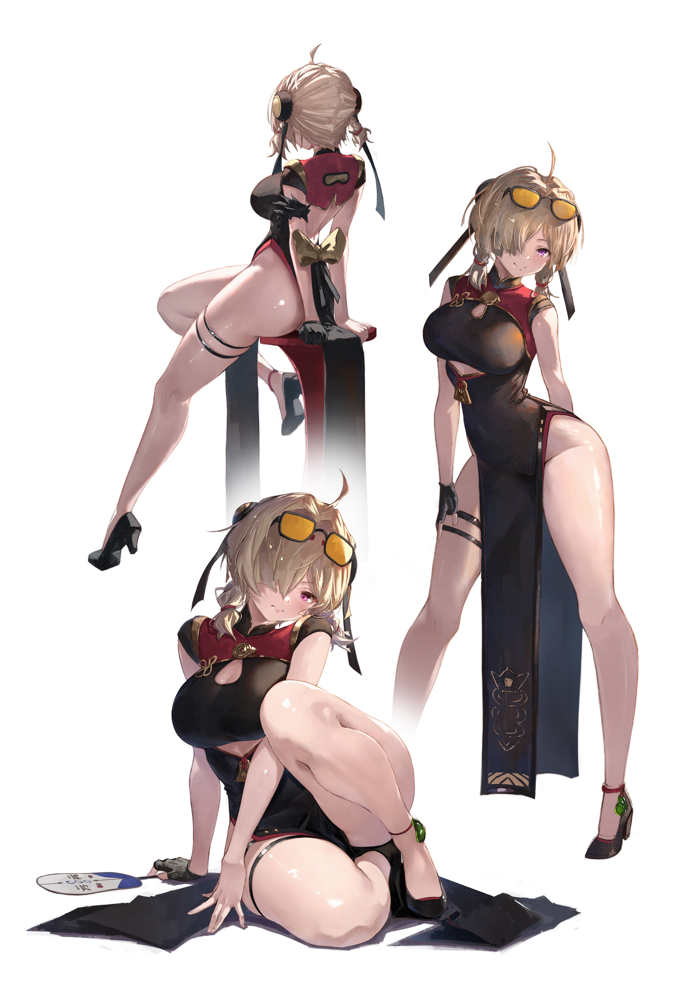1girls, artist request, ass, breasts, chinese clothes, dress, eyoillus, feet, female, female only, large breasts, light skin, light-skinned female, looking at viewer, npc (zenless zone zero), solo, sweety (zenless zone zero), thick thighs, thighs, white background, wide hips, zenless zone zero