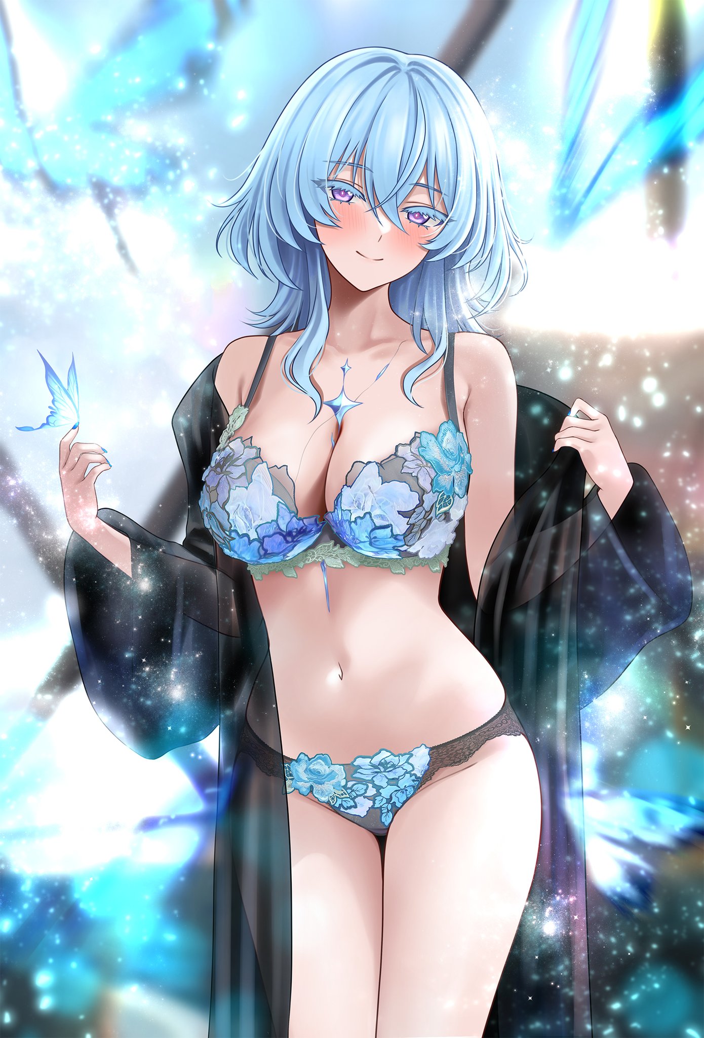 1girls, blue hair, blue lingerie, female, female only, lingerie, long hair, purple eyes, the shorekeeper (wuthering waves), undressing, wuthering waves
