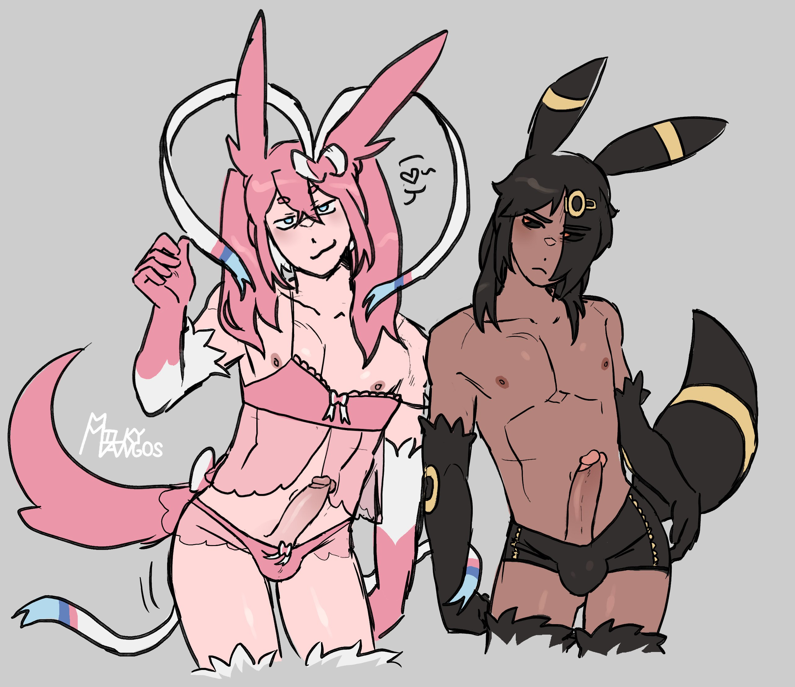 2boys, 5 fingers, balls, ballsack, black fur, black sclera, blue eyes, clothed, clothing, dark skin, dark-skinned femboy, dark-skinned male, dark-skinned sissy, dark-skinned sub, dick, eeveelution, eyebrows, eyebrows visible through hair, femboy, game freak, hair, hair between eyes, hairclip, hips, human, humanoid, light skin, lingerie, long hair, male, male only, medium hair, milkymangoss, nintendo, nipples, penis, pink fur, pink hair, pokemon, red eyes, ribbon, semi-anthro, sylveon, tail, testicles, thighs, twink, twintails, umbreon, underwear, watermark, white fur, yellow fur