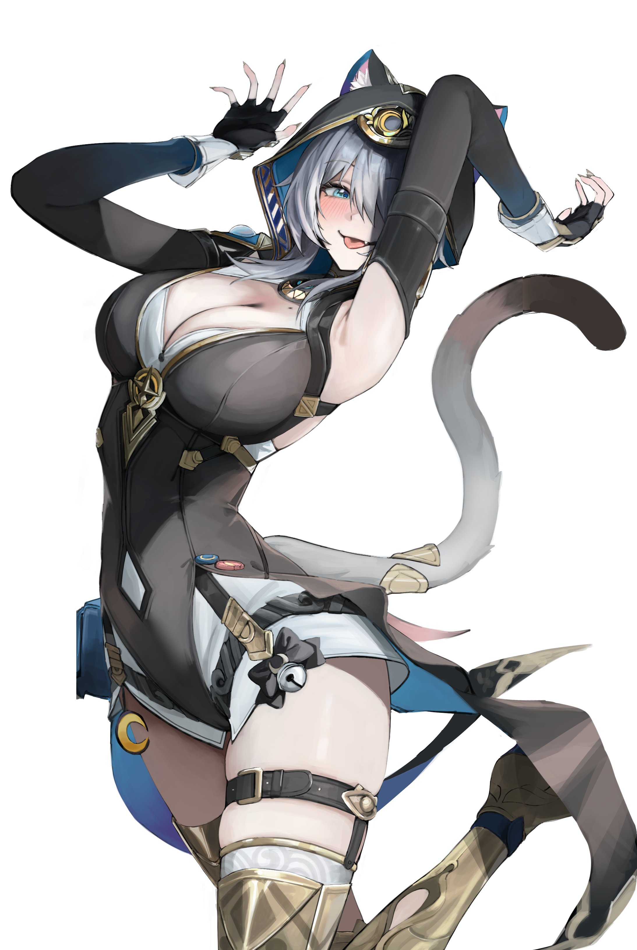 absurdres, animal ear fluff, animal ears, black gloves, black jacket, blue eyes, boots, breasts, cat ears, cat girl, cat tail, cipher (honkai: star rail), commentary, female, fingerless gloves, gloves, grey hair, gunu (nyzn3223), highres, honkai (series), honkai: star rail, hood, hood up, hooded jacket, jacket, large breasts, looking at viewer, simple background, solo, tail, thigh boots, tongue, tongue out, white background, yellow boots
