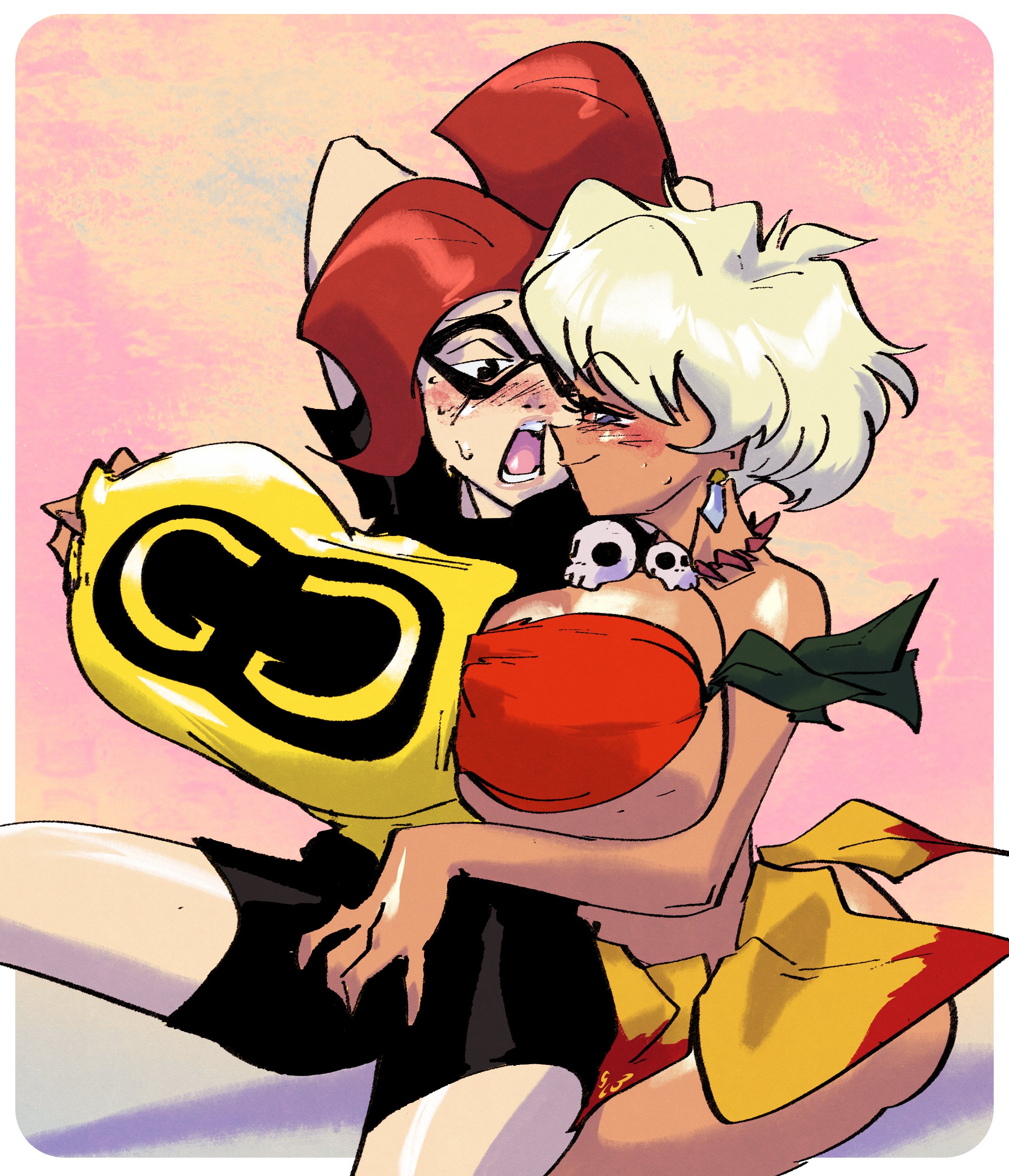 2girls, audrey page, big breasts, blue eyes, blush, breast grab, breasts, crossover, female focus, golden girl, green hair, groping, groping breasts, huge breasts, jungle de ikou, mii (jungle de ikou), red hair, slb, the developing adventures of golden girl, yuri