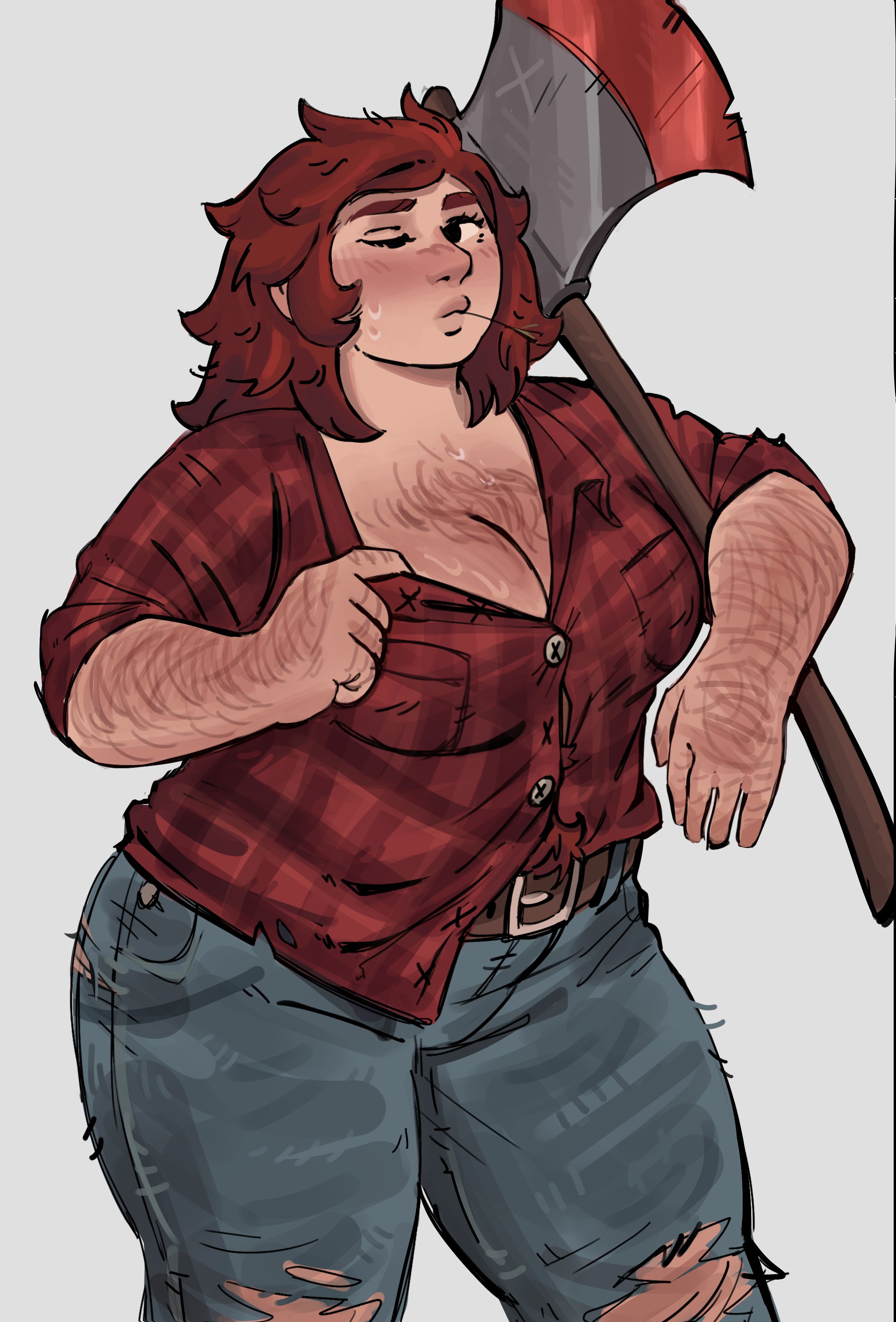 arm hair, armpit hair, axe, body hair, butch, dungeon meshi, dwarf, dwarf female, female, female chest hair, flannel, happy trail, jeans, lumberjack, namari (dungeon meshi), pubic hair, red hair, showing breasts, straw in mouth, torn clothes, viviancore, winking