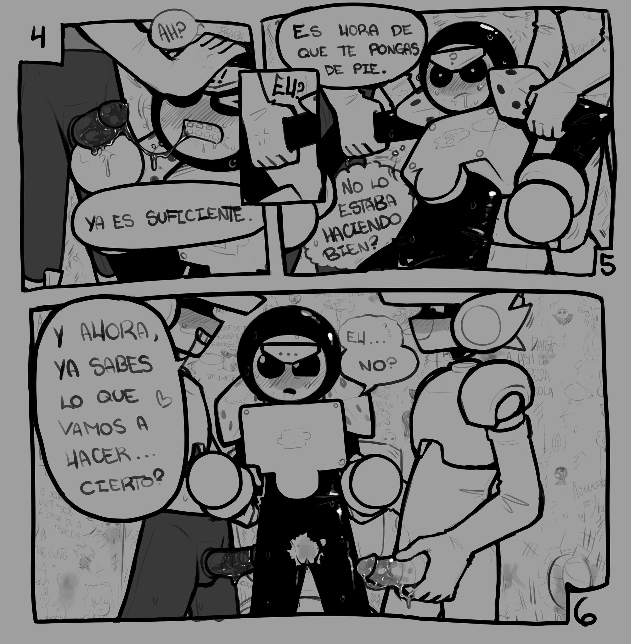 3boys, blush, bodily fluids, brawl stars, comic, comic page, comic panel, cuntboy, deadkokoo, dialogue, exposed pussy, gay, genital fluids, genitals, glory hole, group, intersex, larry (brawl stars), lawrie (brawl stars), line art, male, male only, meeple (brawl stars), penis, public restroom, pussy, restroom stall, ripped clothing, robot, saliva, saliva on penis, spanish text, speech bubble, steam, supercell, sweat, sweatdrop, tagme, text, vagina