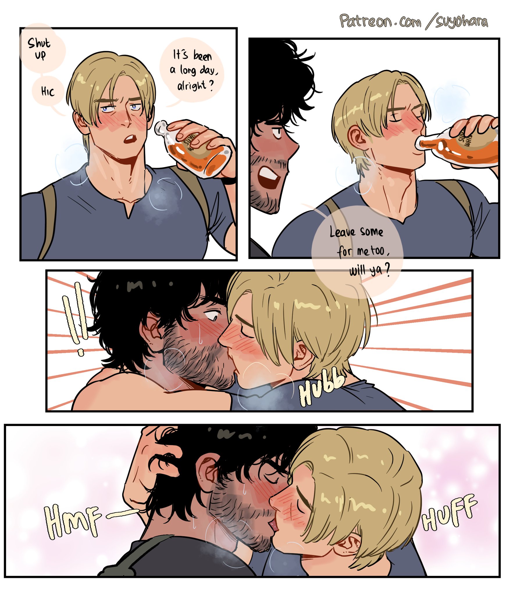 beard, beard stubble, blonde hair, blush, carlos oliveira, closed eyes, drunk, gay, kissing, leon scott kennedy, makeout, male, male only, resident evil, stubble, suyohara, yaoi