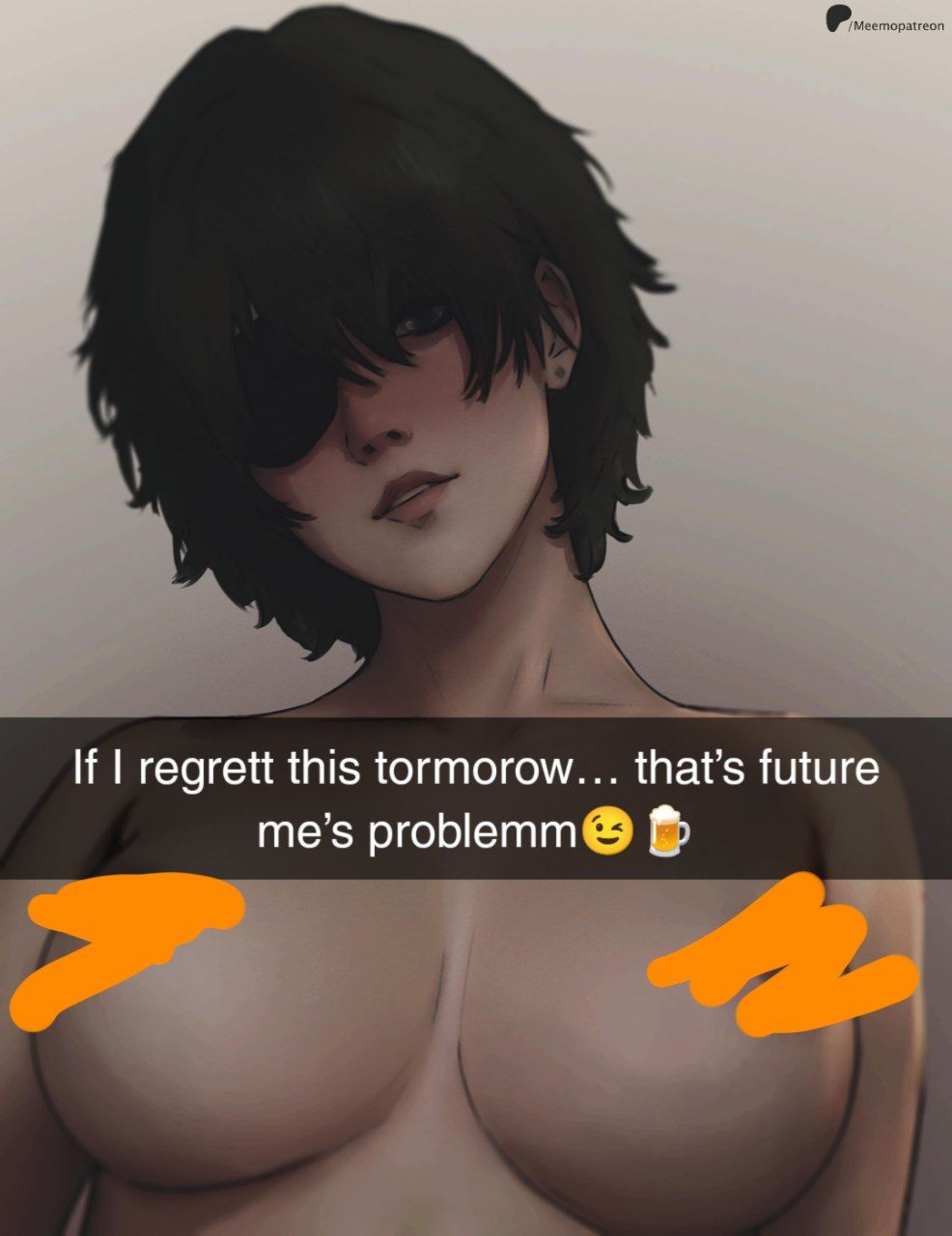 big breasts, blurry, breasts, caption, censored, chainsaw man, denji (chainsaw man), drunk, drunk female, eye patch, eyepatch, female, female focus, female only, flashing, flashing breasts, green hair, himeno (chainsaw man), meemo.psd, message, nude, nude female, nudes, patreon, seductive, snapchat, text, voluptuous