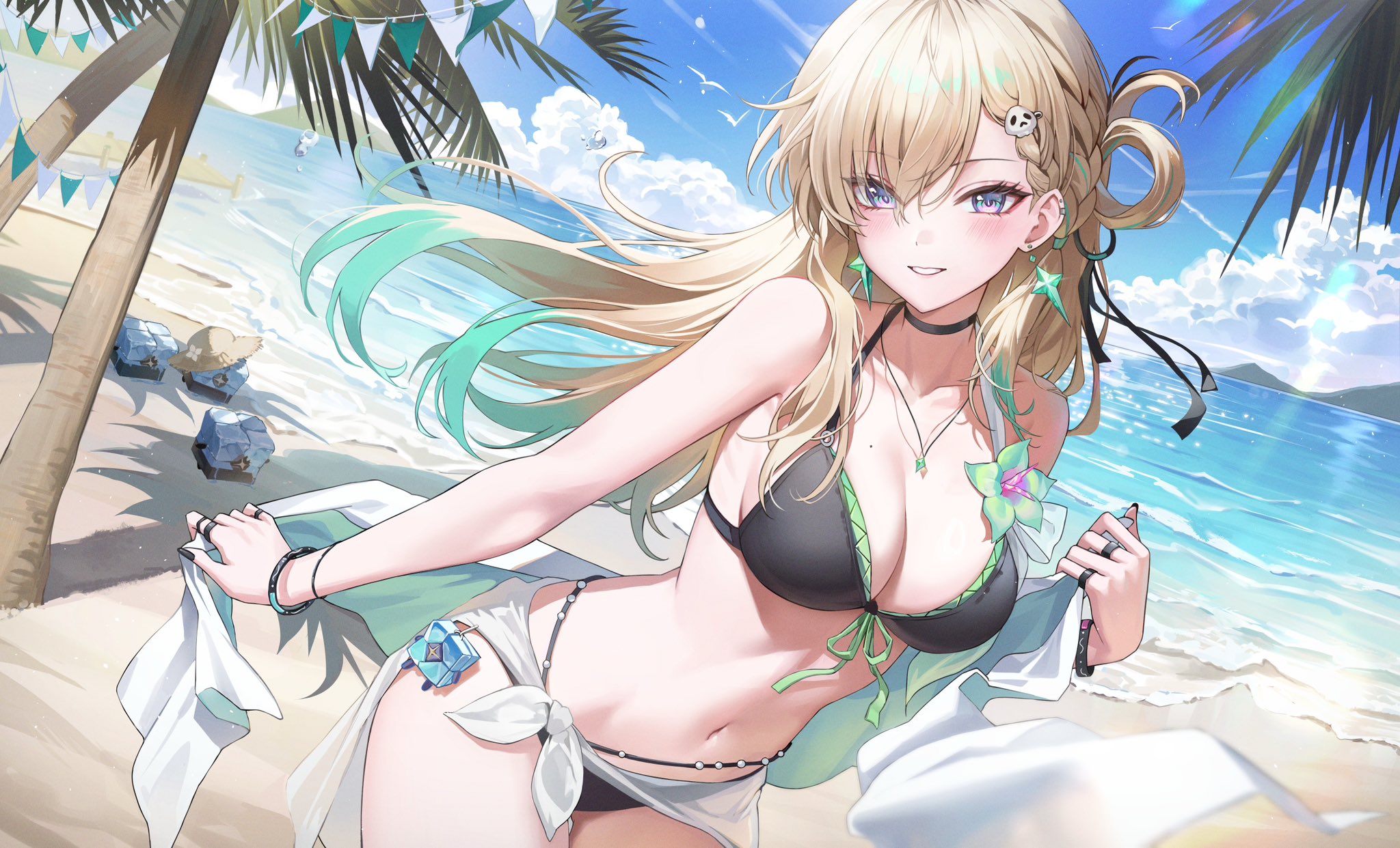 1girls, beach, black swimsuit, blonde female, blonde hair, breasts, exposed breasts, female, female only, lynae (wuthering waves), swimsuit, wuthering waves