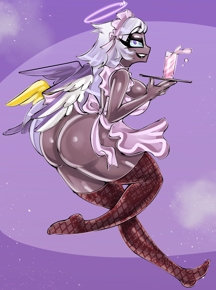 1girls, 2d, 4 fingers, 6 wings, amazon prime, angel, angel girl, angel wings, apron, apron only, big ass, big breasts, big butt, bitterbunz, black lips, blue eyes, breasts, cartoon, emily (hazbin hotel), feathered wings, feathers, female, golden wing, halo, hazbin hotel, hazbin hotel (season 2), leggings, long hair, looking at viewer, maid, maid apron, maid headdress, maid outfit, maid uniform, purple eyes, seraphim (angel), servant, serving, serving drink, serving tray, stockings, tagme, wings