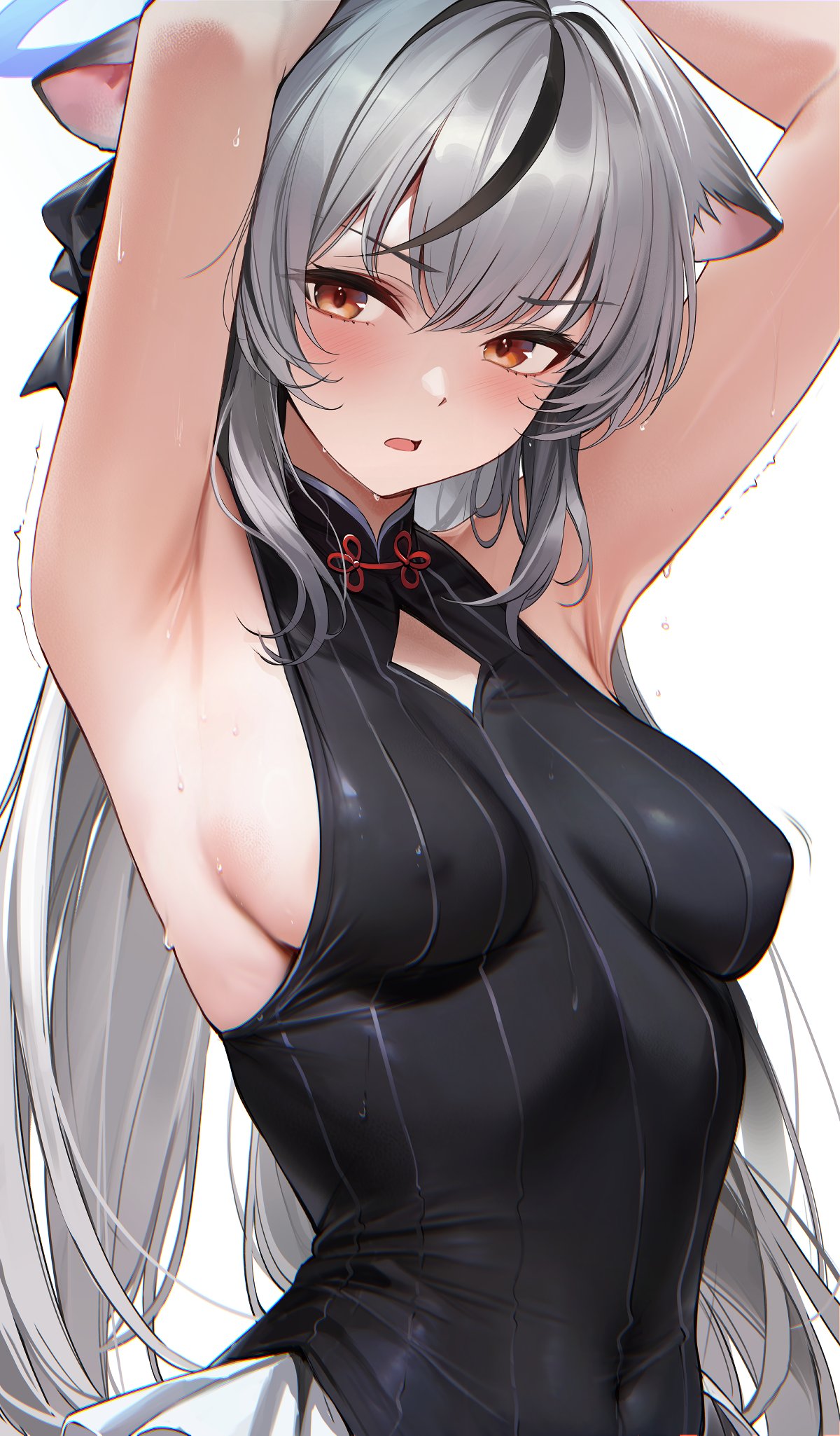 armpits, arms up, blue archive, brown eyes, grey hair, kokona (blue archive), long hair, medium breasts, presenting armpit, re0n, sideboob, skin tight, skin tight clothes, skin tight outfit