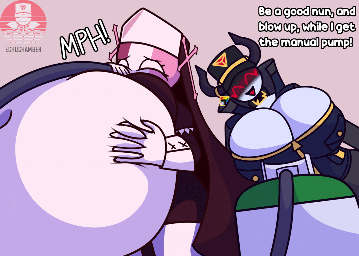 2girls, air expansion, air inflation, air tank, belly inflation, big breasts, ech0chamber, echo chamber (ech0chamber), friday night funkin, friday night funkin mod, hose in mouth, inflation, sarvente, sarvente (dokki.doodlez), sarvente (fnf mod), sarvente (friday night funkin), worried, worried expression