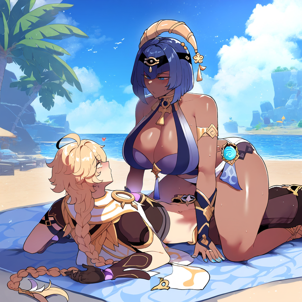 1boy 1girls aether_(genshin_impact) ai_generated big_breasts blonde_hair blonde_hair_male breasts candace_(genshin_impact) dark-skinned_female fat_ass female female_on_top genshin_impact horny_female interracial light-skinned_male long_hair male male/female mihoyo pleasure_face sex straight thick_thighs