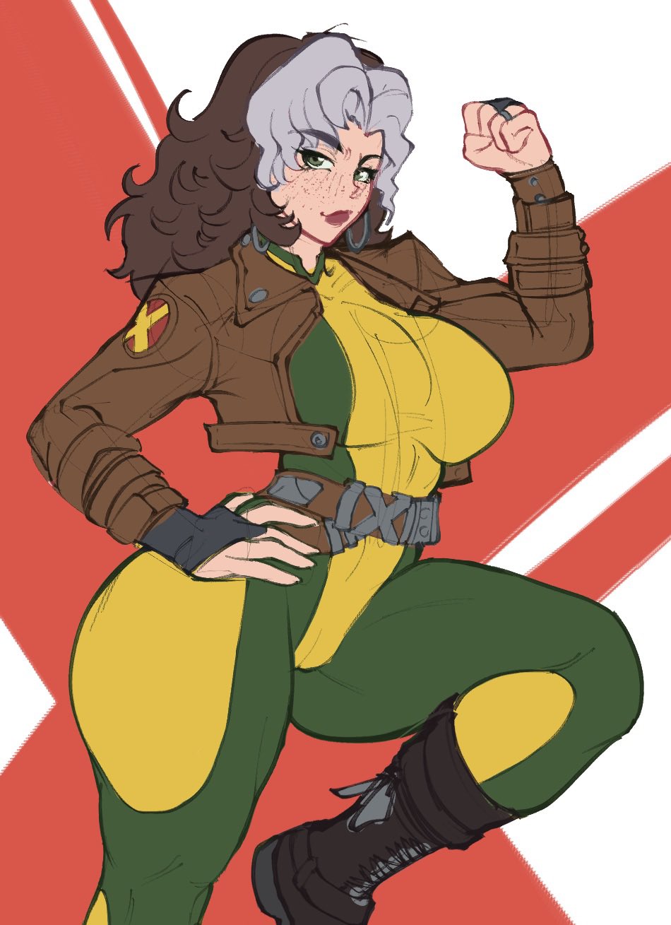 1girls, flat colors, flatillustratorkhan, green eyes, howardk, howardk1999, jacket, khan!, marvel, marvel comics, marvel rivals, multicolored hair, rogue (marvel rivals), rogue (x-men), x-men