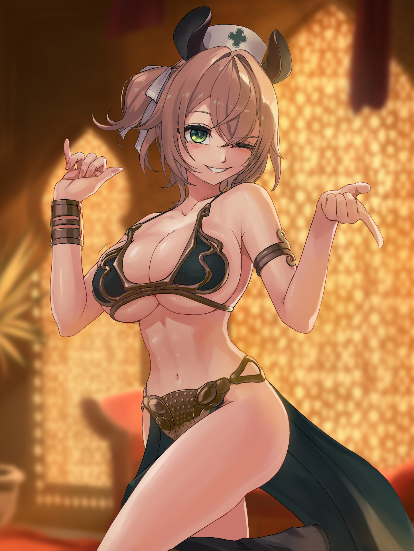 1girls, alternate costume, animal ears, belly dancer, belly dancer outfit, big breasts, bikini, breasts, brown hair, cahryos, commission, cosplay, female, green eyes, grey bikini, harem girl, harem outfit, highres, huge breasts, indie virtual youtuber, large breasts, loincloth, looking at viewer, massive breasts, nimi nightmare, one eye closed, one side up, parted lips, pelvic curtain, slave, slave bikini, slave girl, slave leia (cosplay), slave outfit, star wars, swimsuit, tapir ears, tapir girl, thighs, virtual youtuber, vtuber