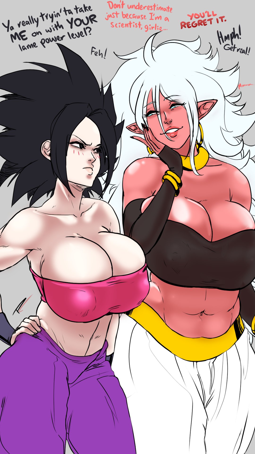 2girls android_21 breast_squeeze breasts breasts_bigger_than_head busty caulifla curvy dialogue dragon_ball dragon_ball_fighterz dragon_ball_super fakeryway female_saiyan huge_breasts majin_android_21 nipple_bulge pink_skin pleasure_castle saiyan saiyan_girl stomach thick